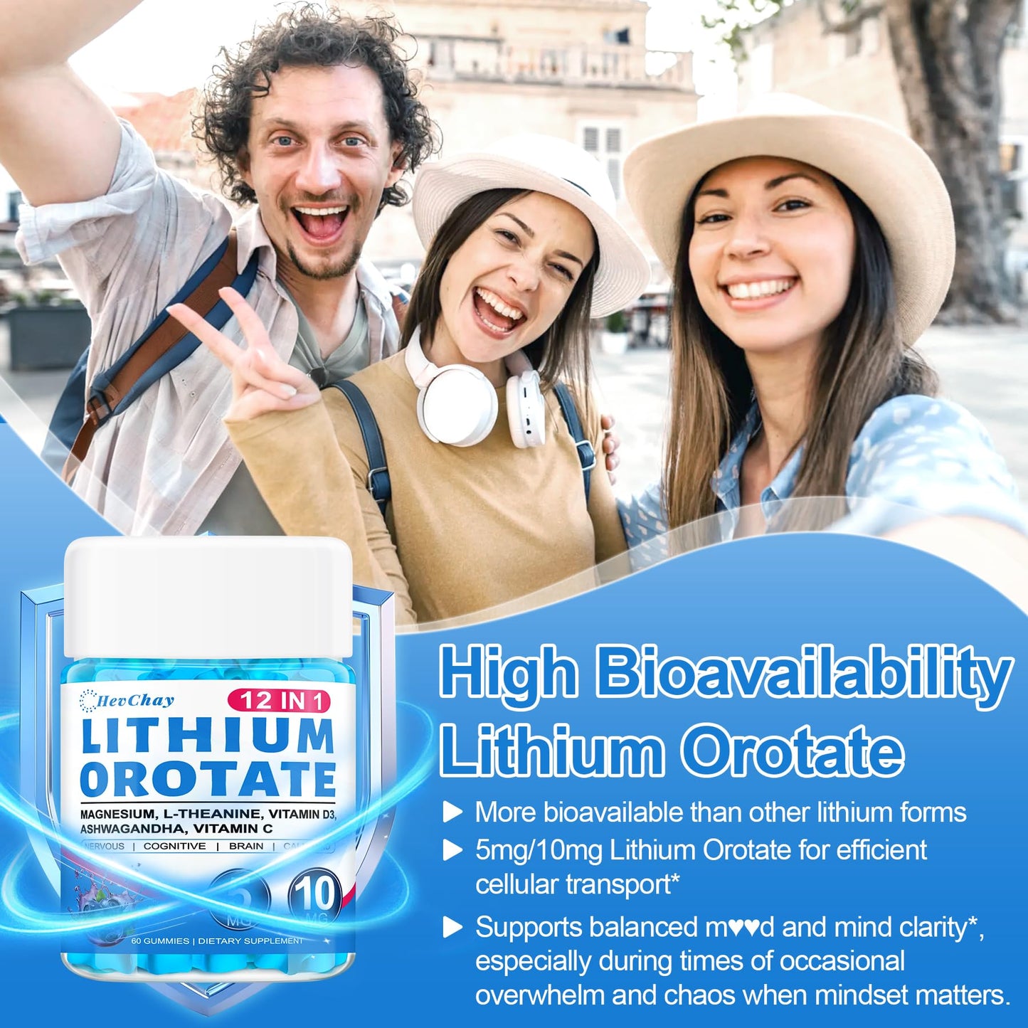 HevChay 12-in-1 Lithium Orotate 5mg 10mg with Ashwagandha & L-Theanine Gummies, 60 Count