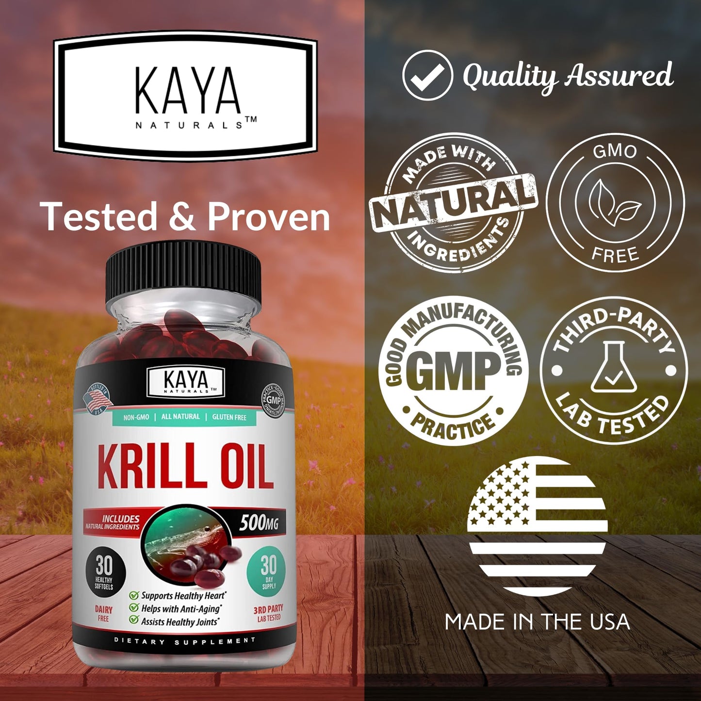 Kaya Naturals Antarctic Krill Oil 500mg with Omega-3 EPA, DHA, Phospholipids & Astaxanthin Softgels, 30 Count