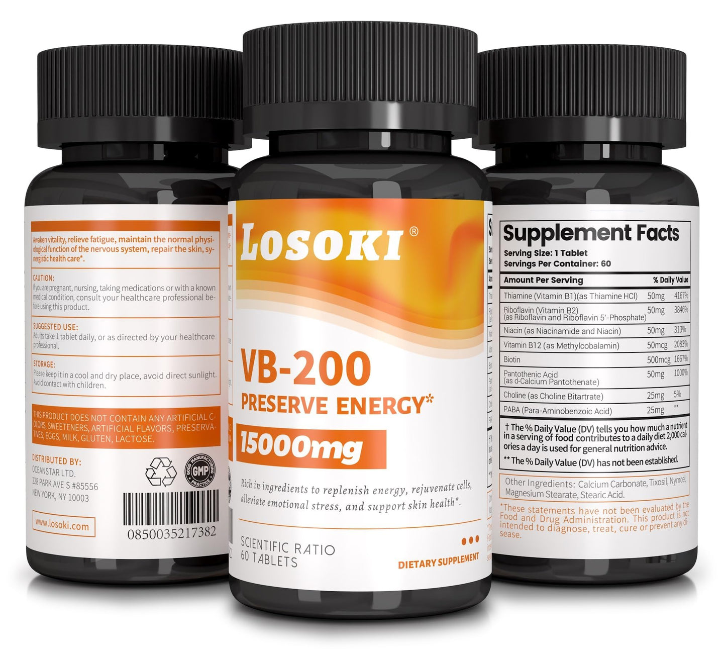 Losoki VB-200 High-Potency Vitamin B Complex Tablets, 60 Tablets