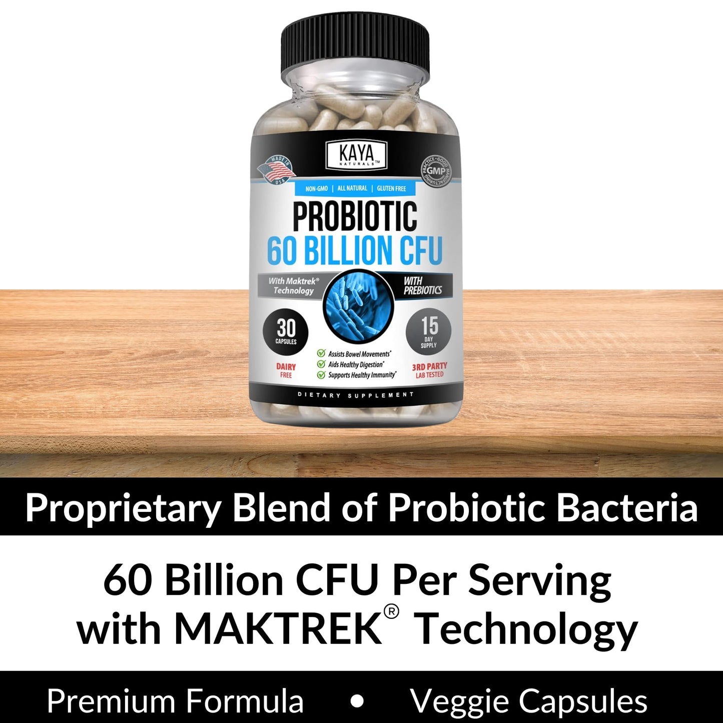 Kaya Naturals Probiotic 60 Billion CFU Vegetable Capsules, 30 Count