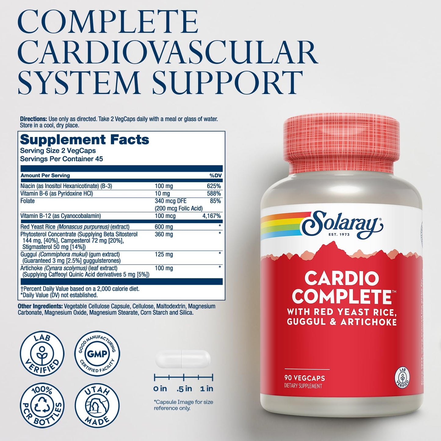 SOLARAY Cardio Complete with Red Yeast Rice, Guggul & Artichoke Extracts, Plus B Vitamins and More Capsules, 90 Count