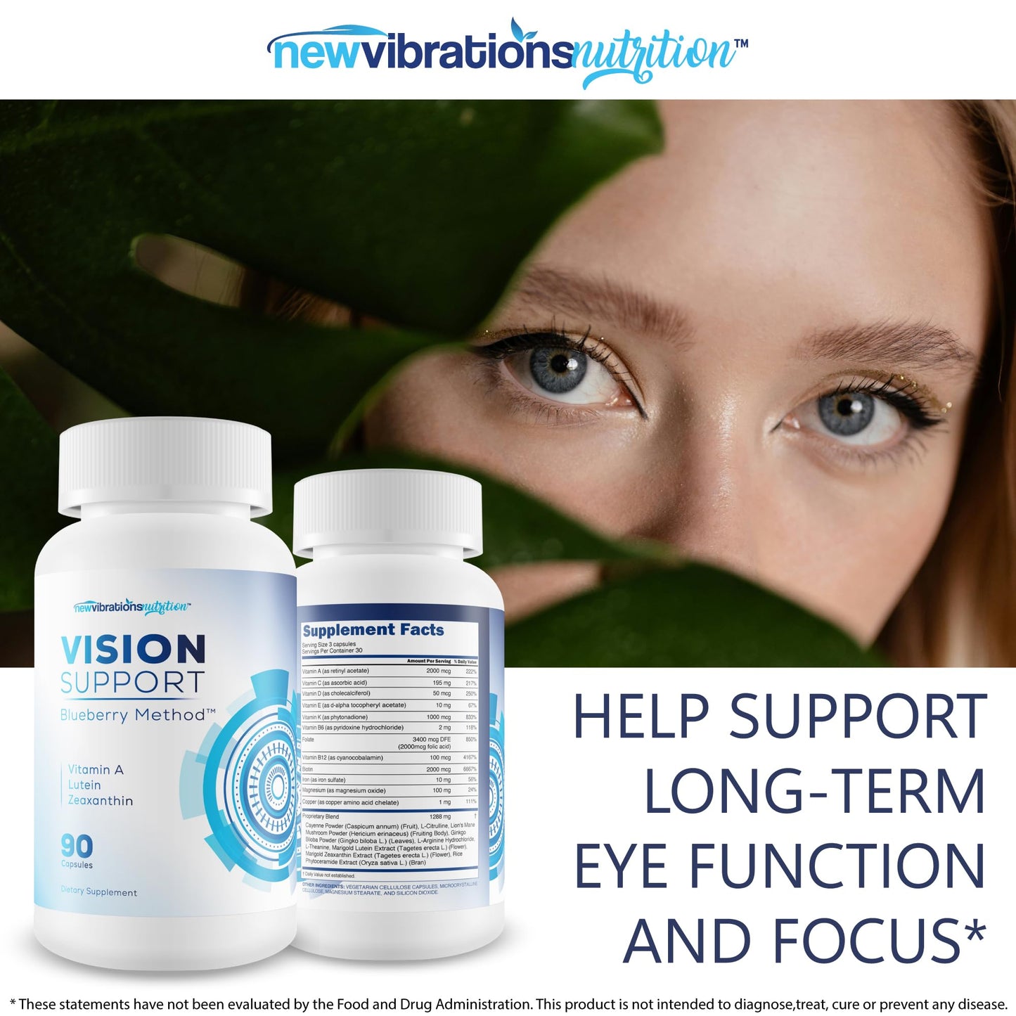 New Vibrations Nutrition Vision Support Lutein Zeaxanthin & Vitamin A Eye Supplement Capsule, 90 Count