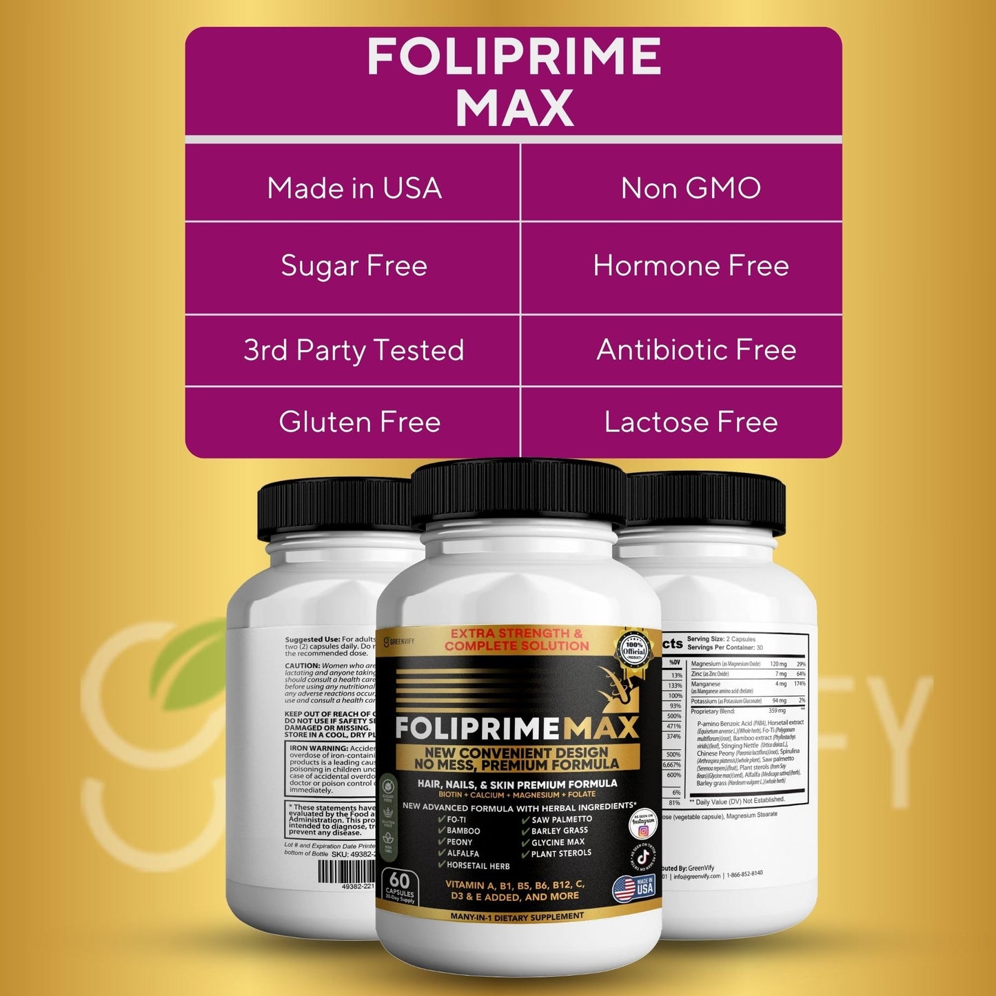 GREENVIFY Foliprime Max Hair, Nails & Skin Supplement with Biotin, Vitamins, Minerals & Herbal Blend, Capsule, 60 Capsules