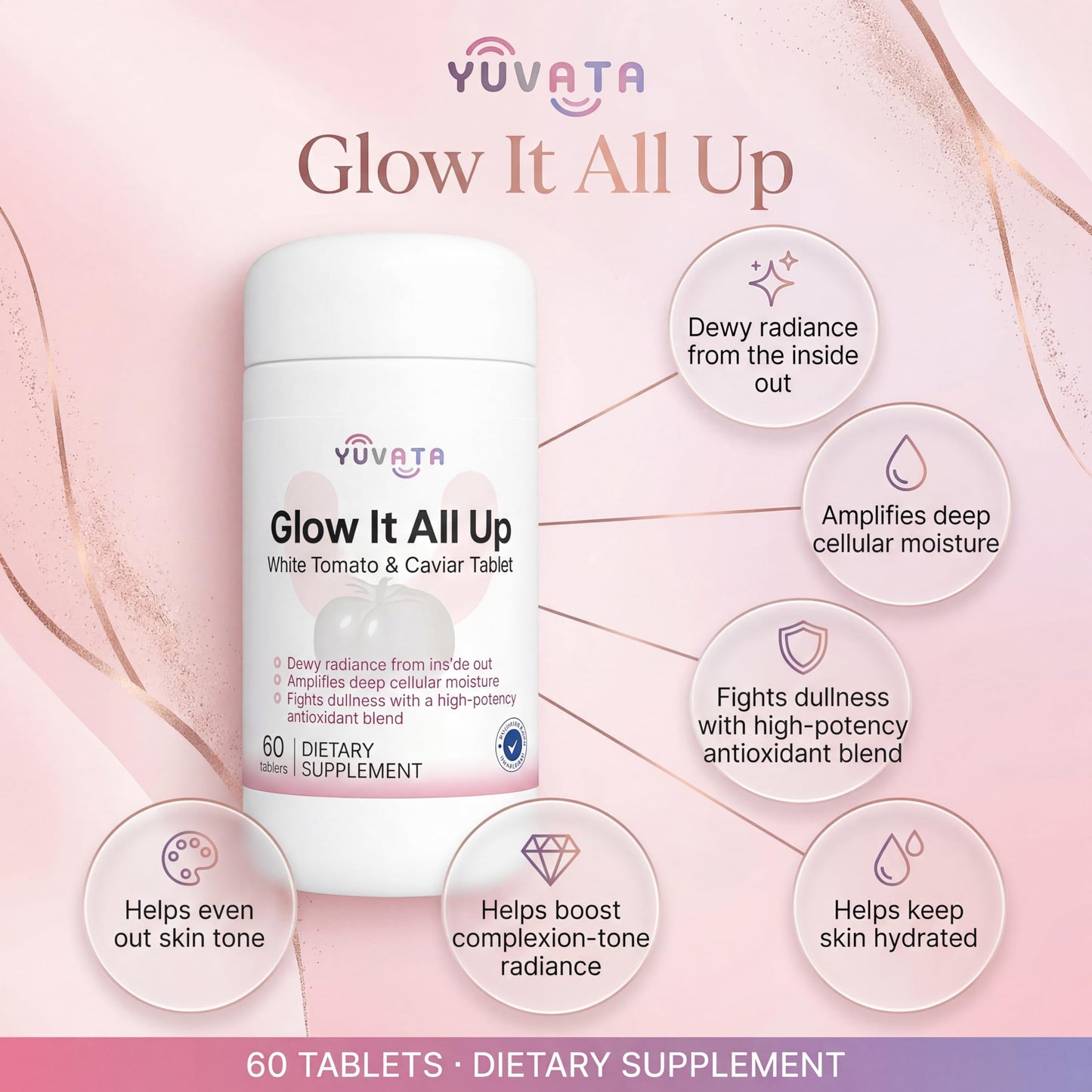YUVATA Glow It All Up White Tomato Caviar Supplement, 60 Tablets