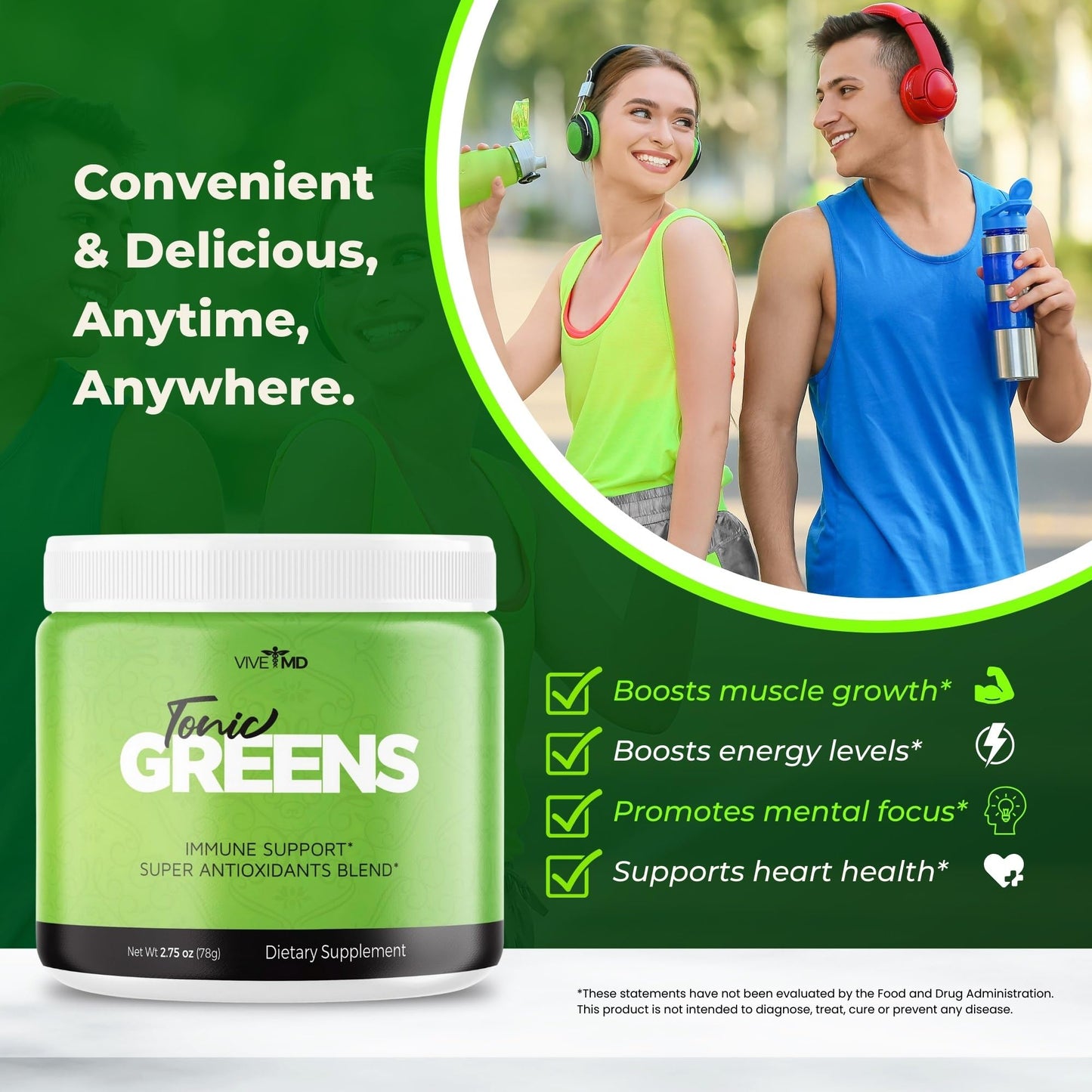 VIVE MD Tonic Greens Powder, 5.5 oz total (2 x 2.75 oz)
