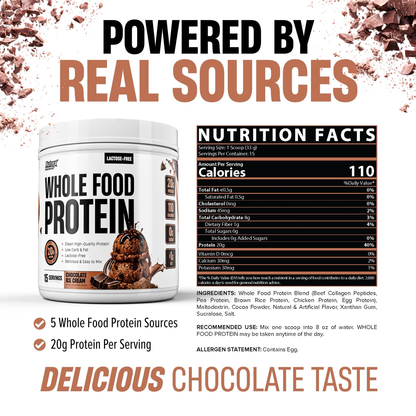 Nutrex Research Whole Food Protein Powder, Chocolate Ice Cream, 16 Servings