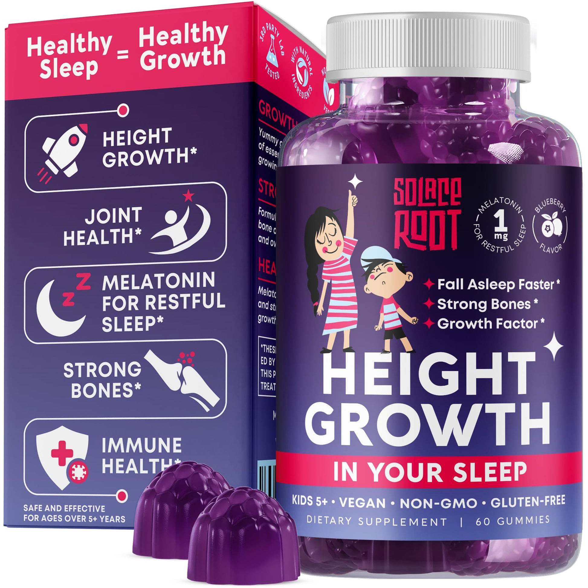 SOLACEROOT Height Growth Gummies with Melatonin for Kids & Teens - Ashwagandha for Kids - Melatonina Para Niños - Height Growth Supplement - Teen Boy Vitamins - Grow Taller Supplement - Kids Melatonin Gummies, 60 Gummies