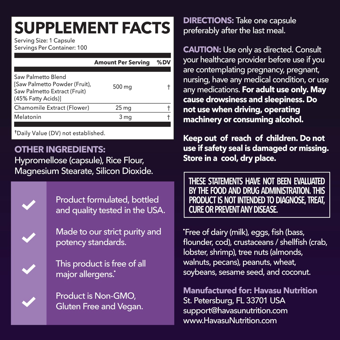 HAVASU NUTRITION Saw Palmetto PM for Men w/ Melatonin, Night Time Bladder Support Capsules, 100 Count