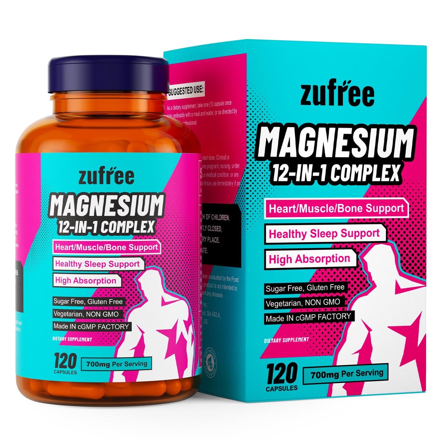 Qsbon Magnesium 12 in 1 Complex Supplement 700mg High Absorption Magnesium Glycinate, 120 Capsules