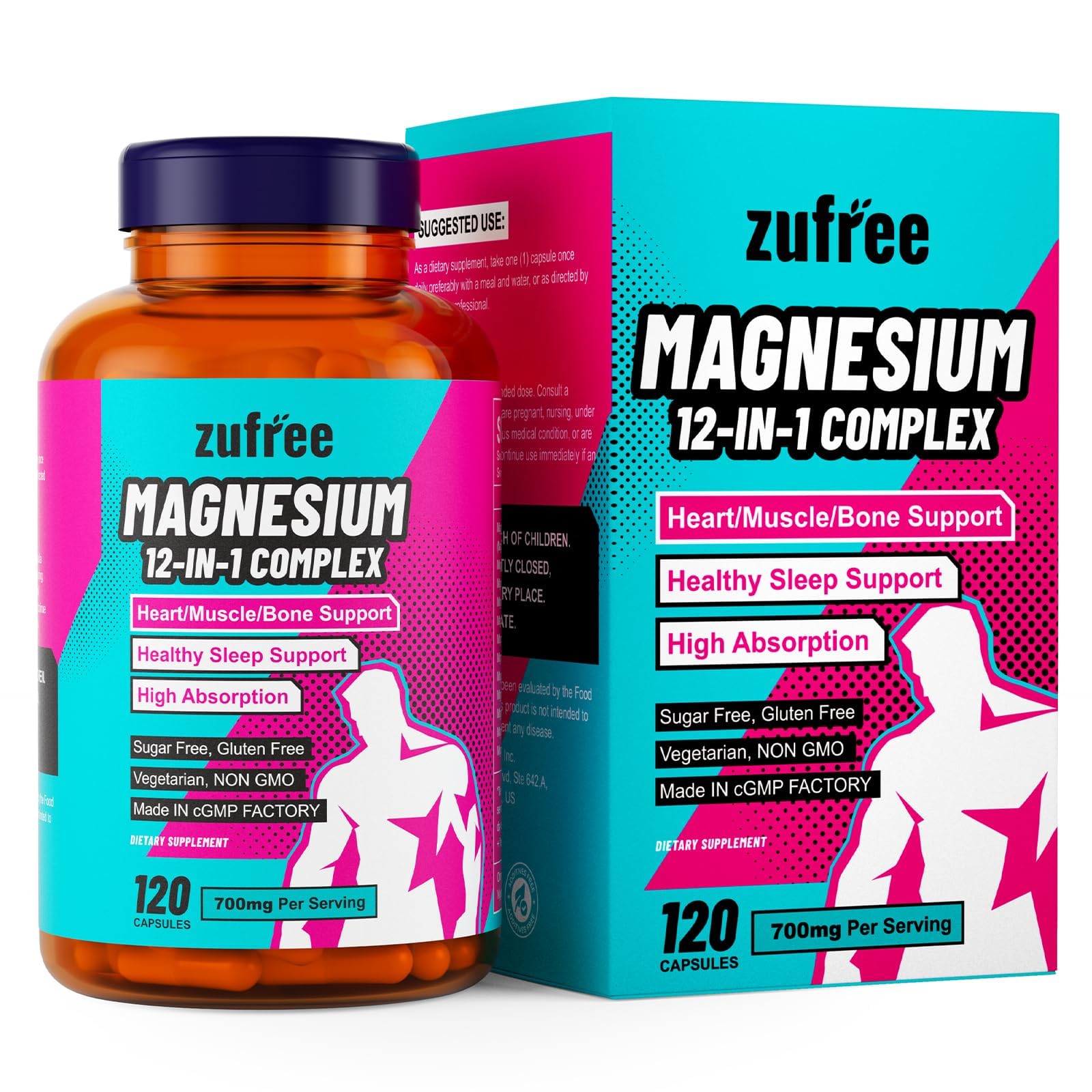 Qsbon Magnesium 12 in 1 Complex Supplement 700mg High Absorption Magnesium Glycinate, 120 Capsules
