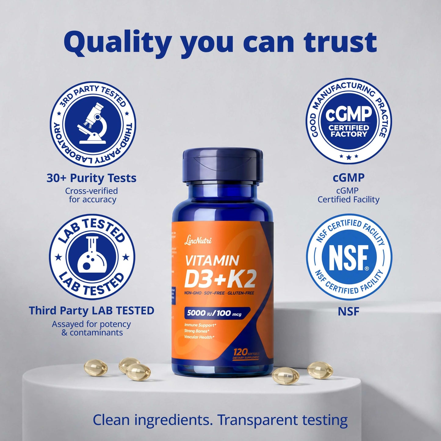 LincNutri Vitamin D3 K2 5000IU MK-7 100mcg Softgels 120 Count