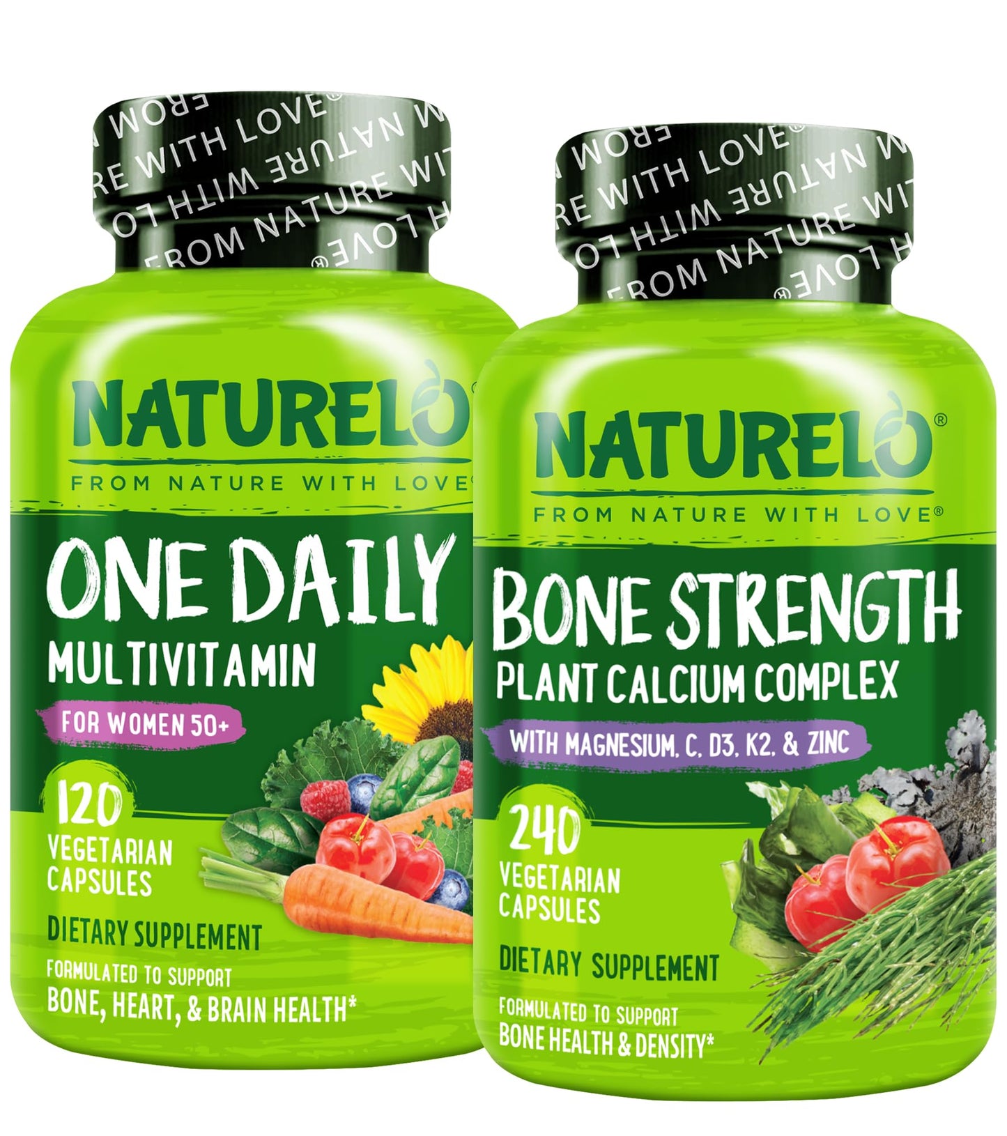 NATURELO Calcium Supplement & Multivitamin Bundle - Calcium 600mg with 240 Vegetarian Capsules and One Daily Multivitamin for Women 50+ (Iron Free) - 120 Capsules - 360 Count