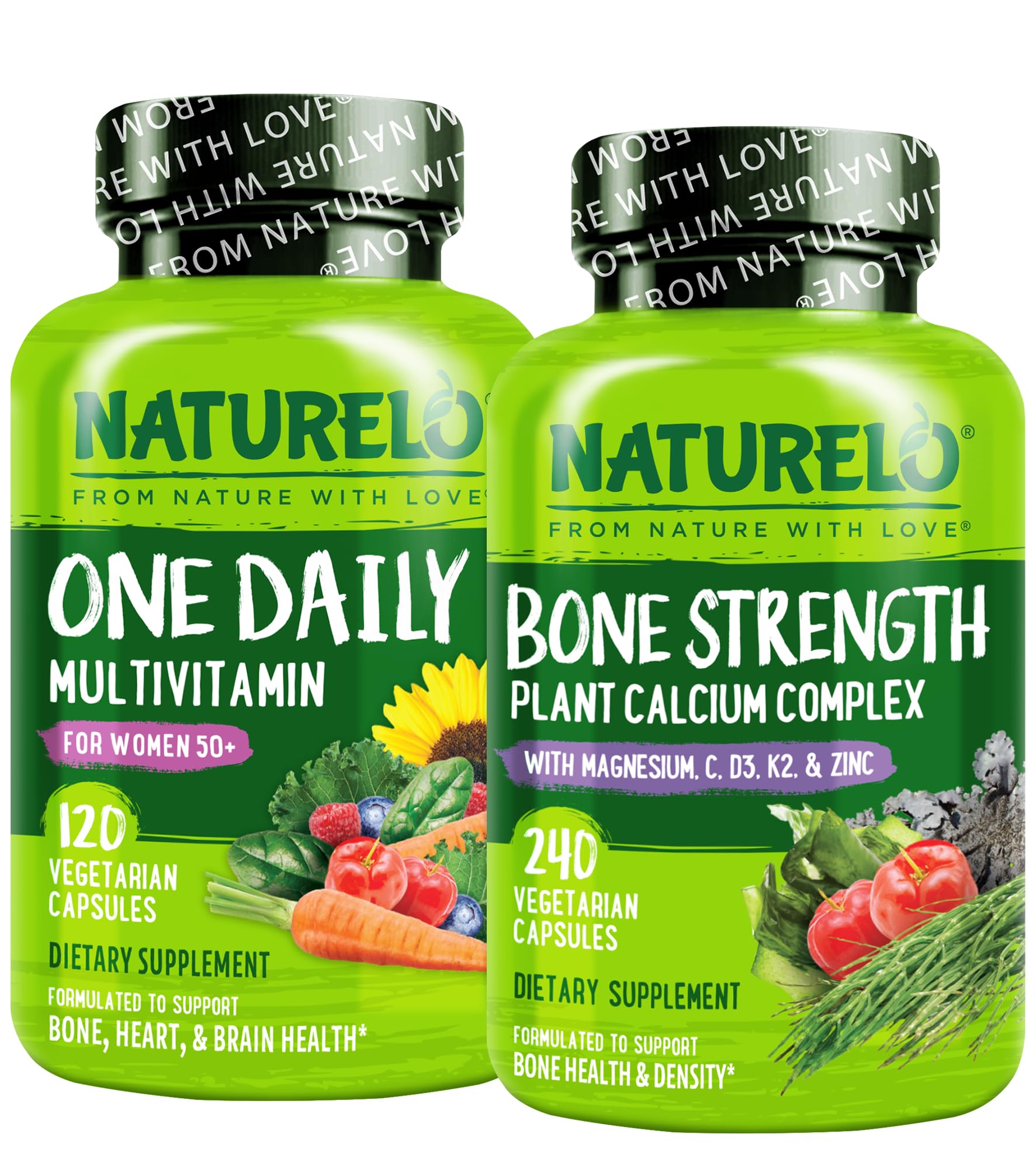 NATURELO Calcium Supplement & Multivitamin Bundle - Calcium 600mg with 240 Vegetarian Capsules and One Daily Multivitamin for Women 50+ (Iron Free) - 120 Capsules - 360 Count