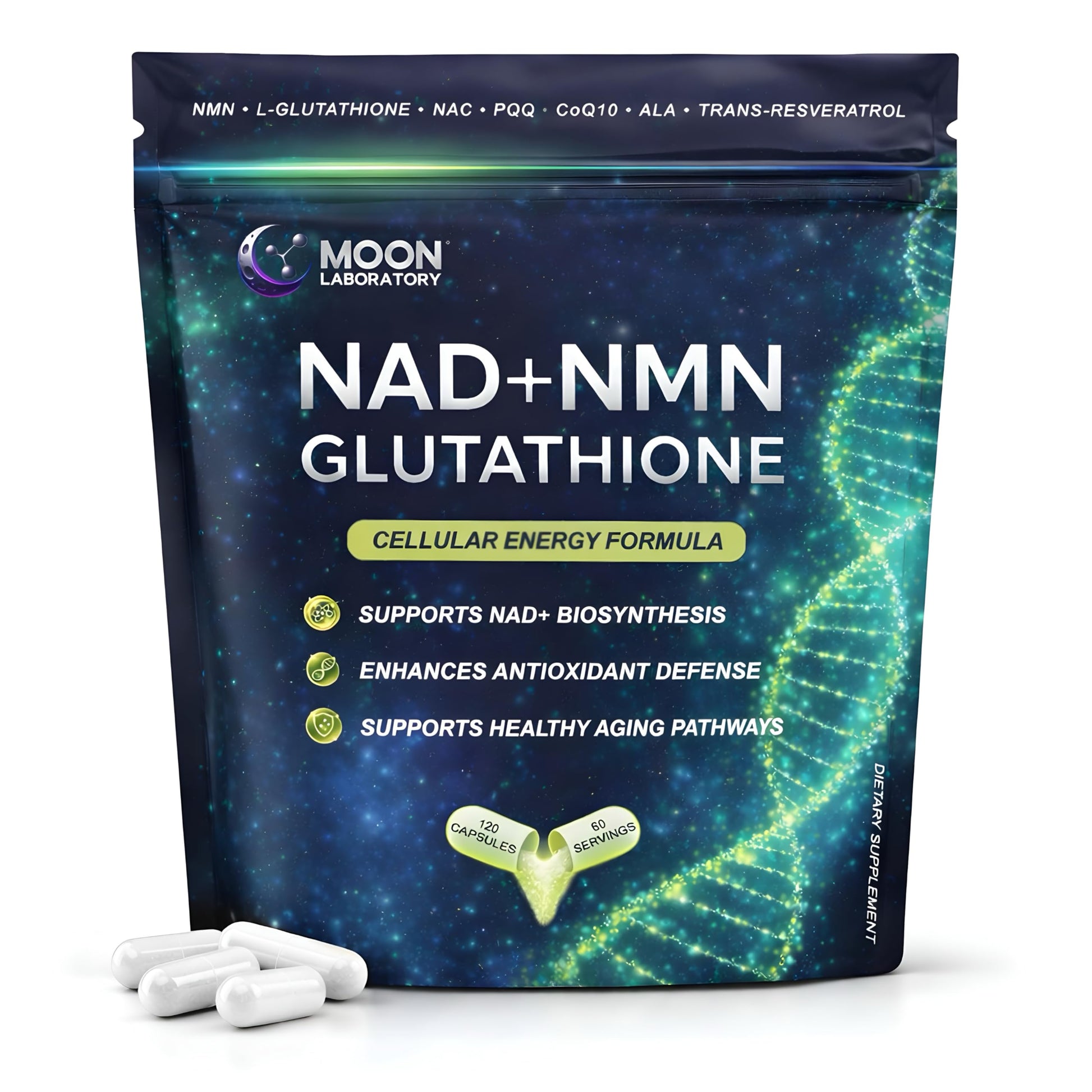 Moon Laboratory NMN + L-Glutathione Supplement – NAD+ Support, Mitochondrial Energy & Antioxidant Defense with CoQ10, NAC, PQQ & Alpha Lipoic Acid – 120 Capsules