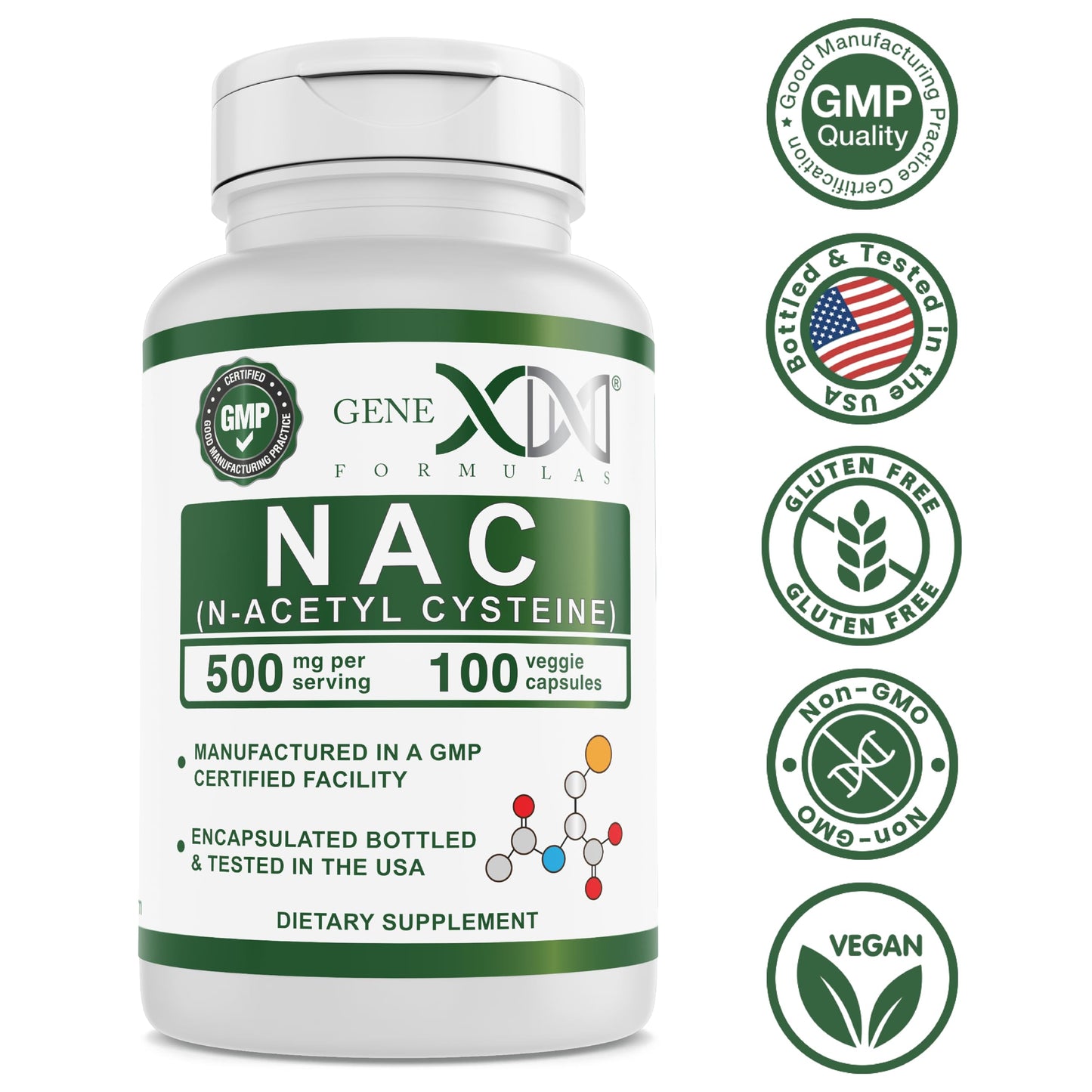 Genex Formulas NAC 500mg N-Acetyl Cysteine Capsules, 100 Count