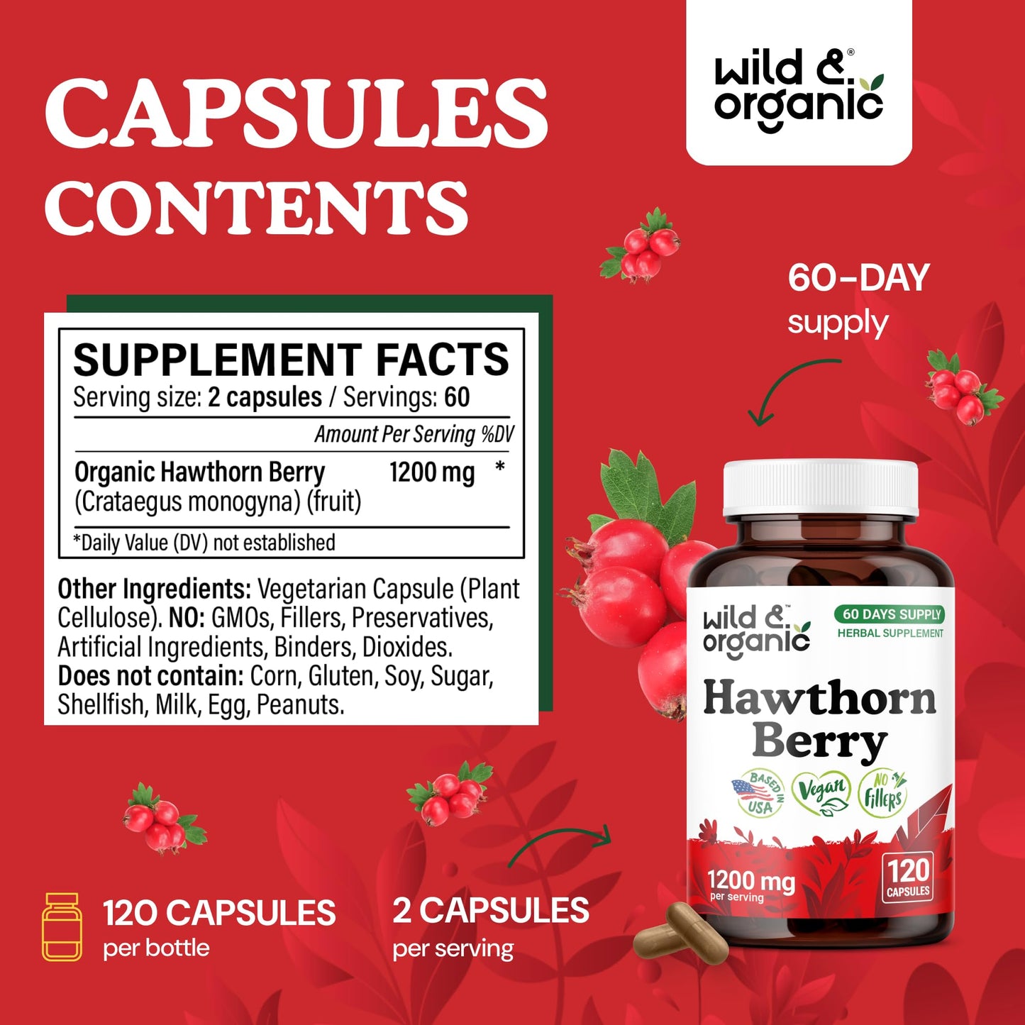 Wild & Organic Hawthorn Berry Capsules 1200 mg, 120 Count