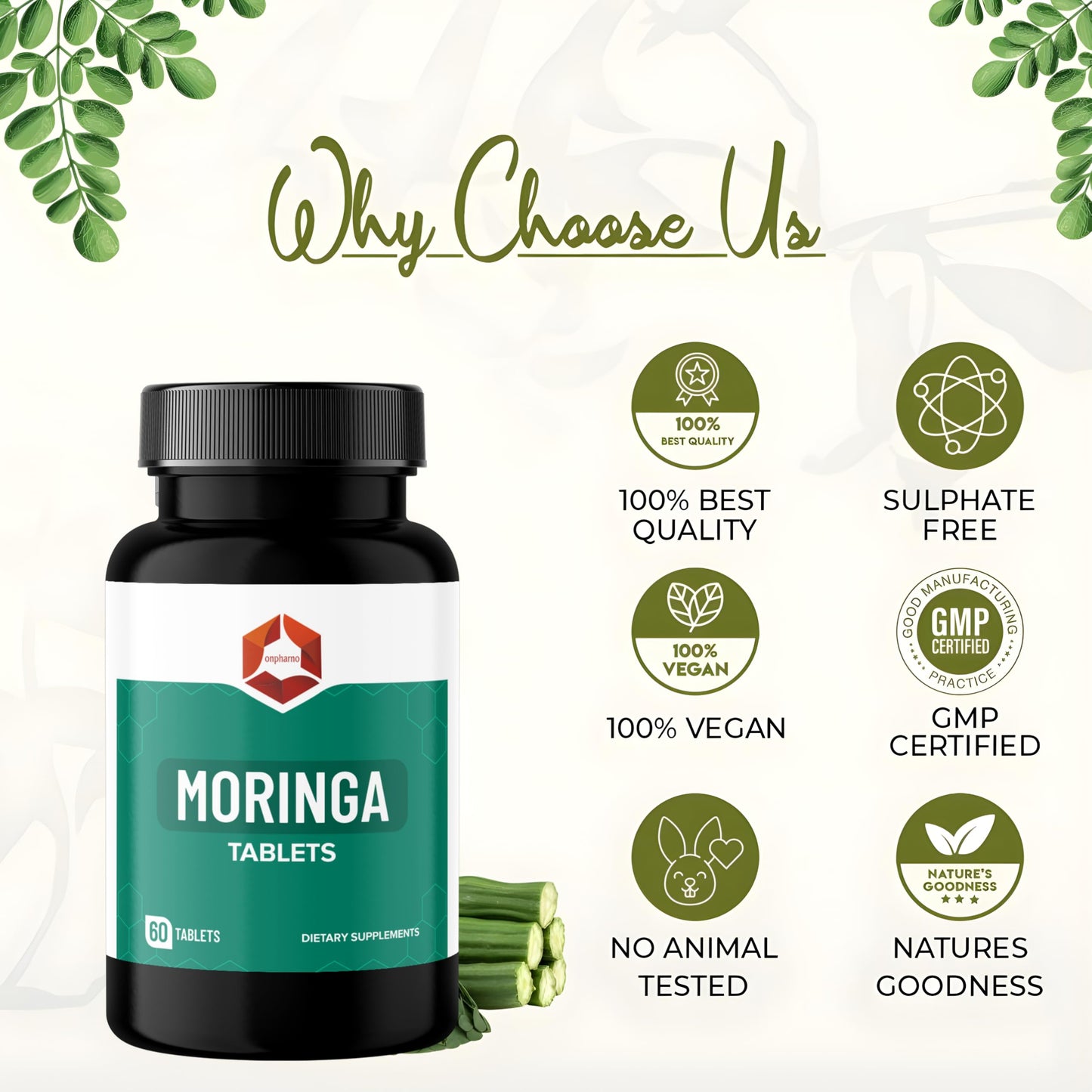 Onpharno Moringa Tablets 1000mg Organic Moringa Oleifera Leaf Powder Natural Herbal Supplement Vegan Non-GMO 60 Tablets