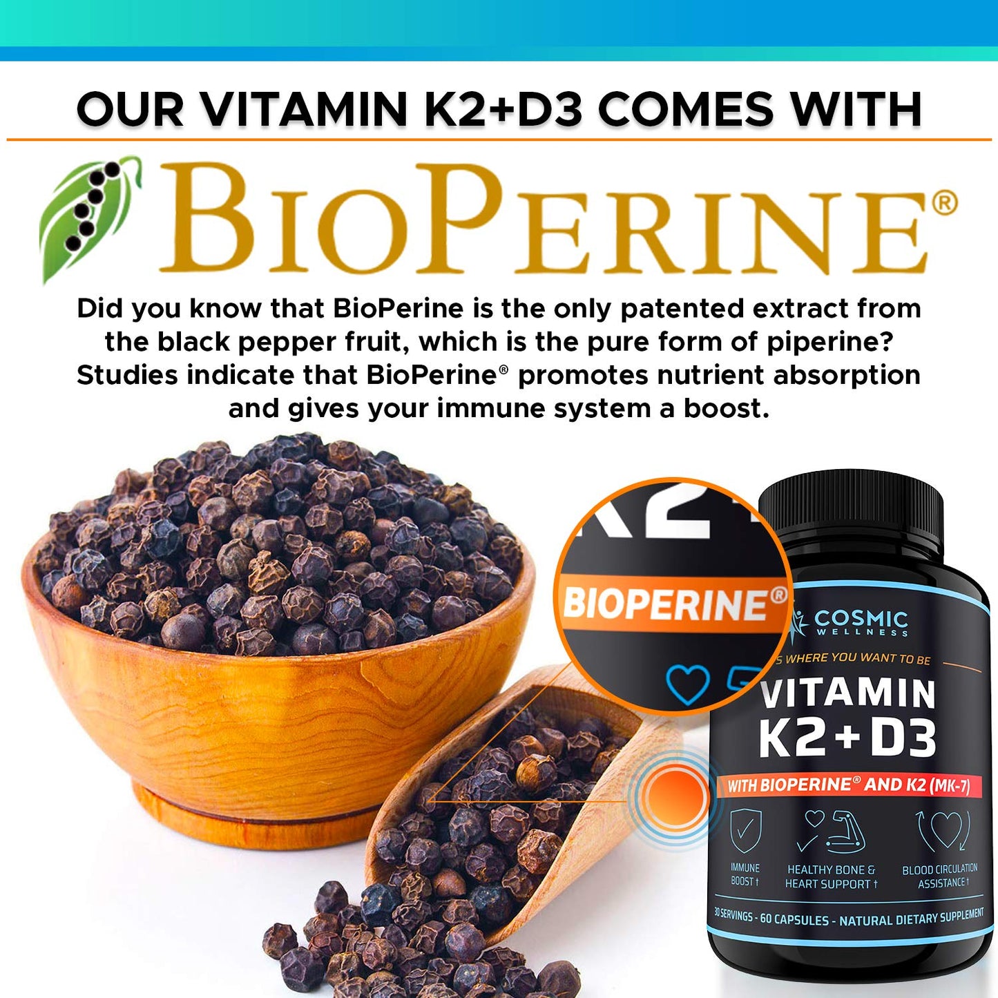 COSMIC WELLNESS K2 D3 Vitamin Supplement 5000 IU Capsules, 60 Count
