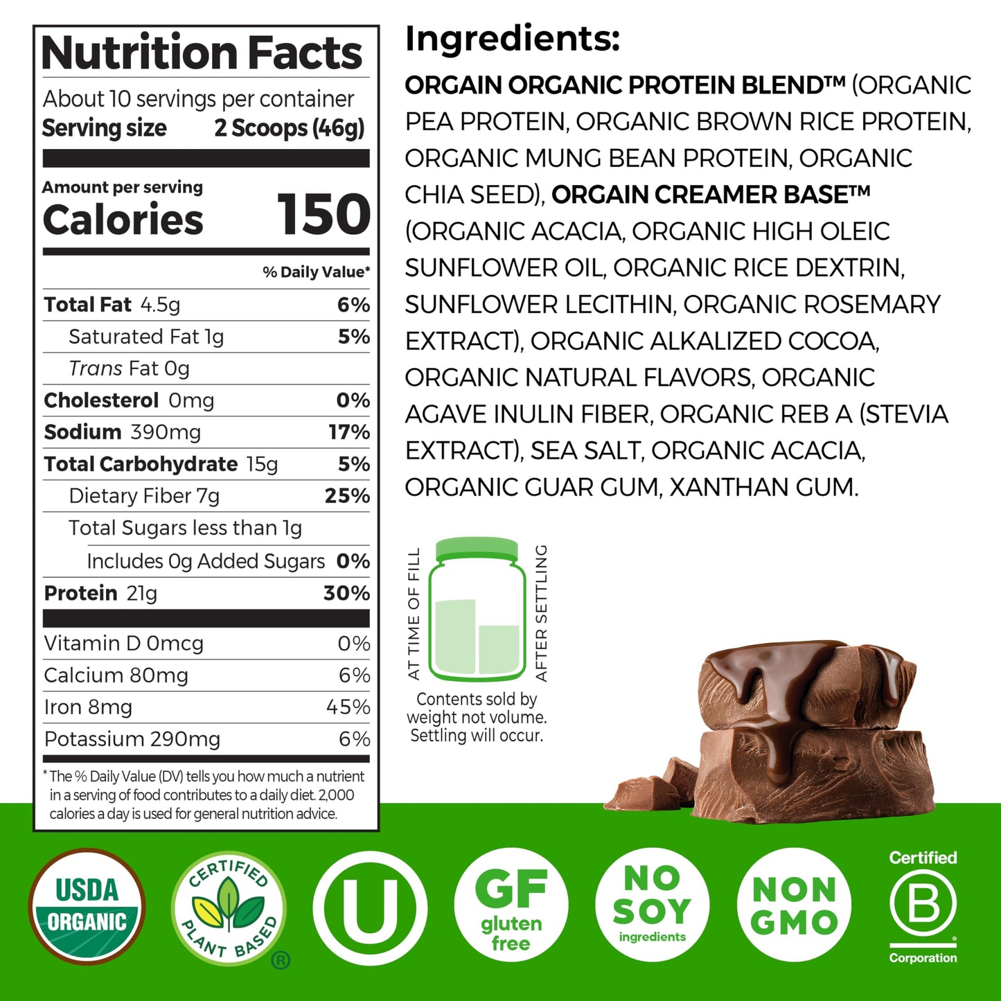 Orgain Organic Vegan 21g Protein Powder, Creamy Chocolate Fudge, 16.3 Servings