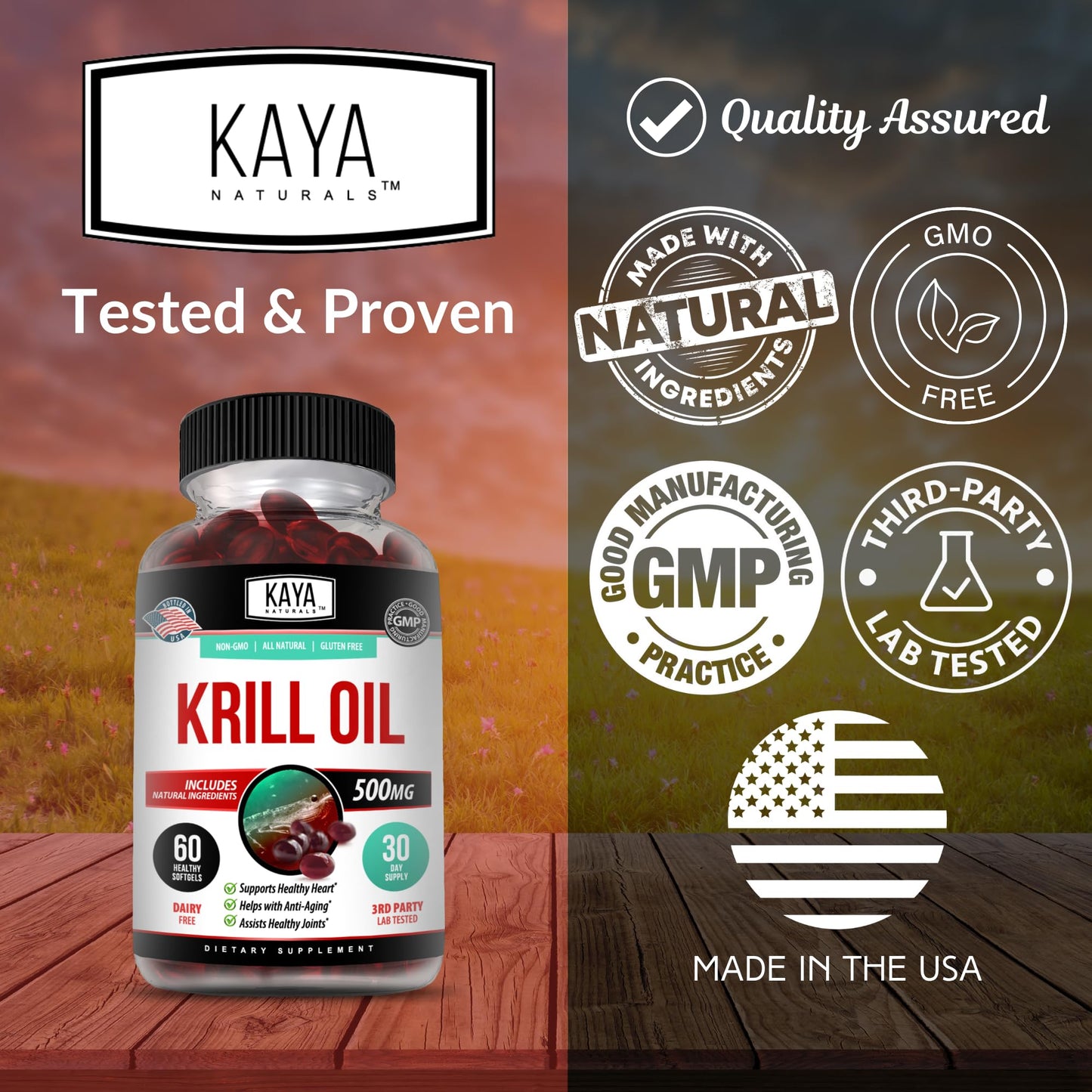 Kaya Naturals Antarctic Krill Oil 500mg with Omega-3 EPA/DHA, Phospholipids & Astaxanthin Softgels, 60 Count