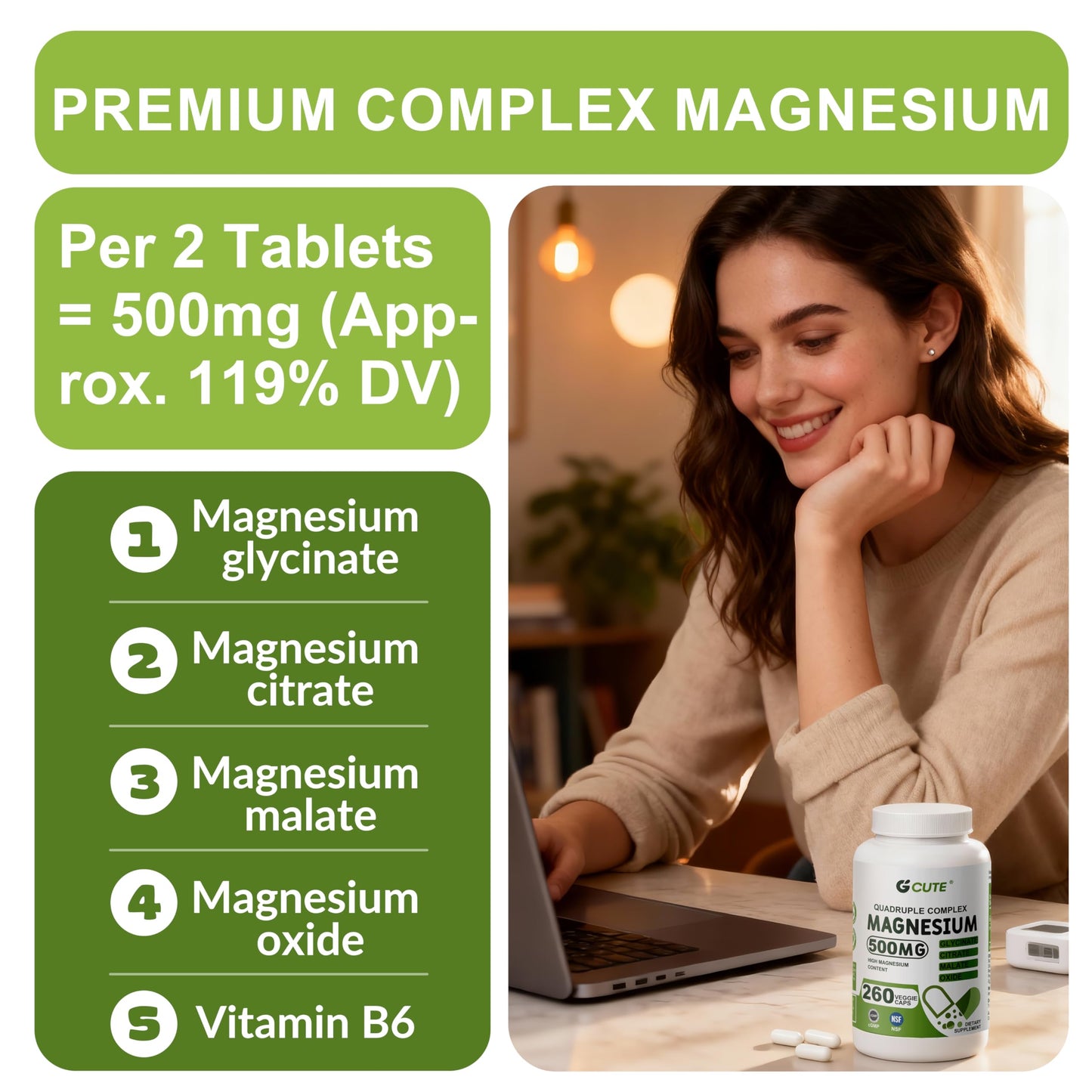 GCUTE Magnesium Glycinate Complex Capsules 130 Servings