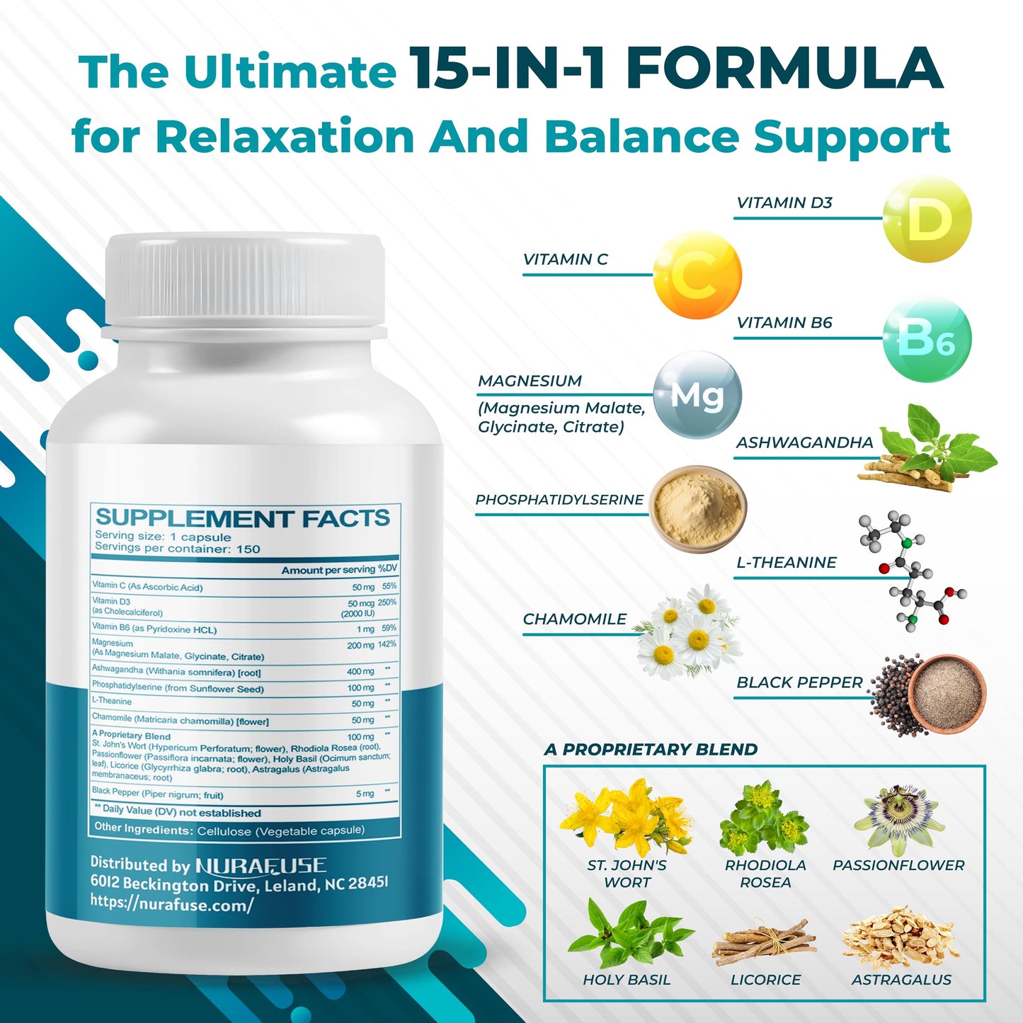 NURAFUSE Cortisol Health Ashwagandha 15-in-1 Supplement with Magnesium Phosphatidylserine L-Theanine Chamomile Rhodiola Rosea Licorice Holy Basil Capsules, 150 Count