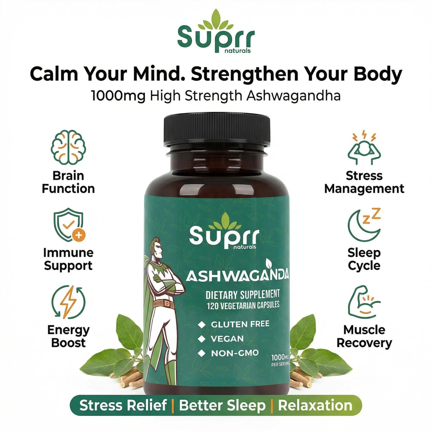 suprr naturals Ashwagandha 1000mg Supplement for Women & Men – Stress Relief, Energy & Mood Support – Cortisol Support Adaptogen – Focus & Calm Formula – Non-GMO, Gluten Free, 120 Capsules