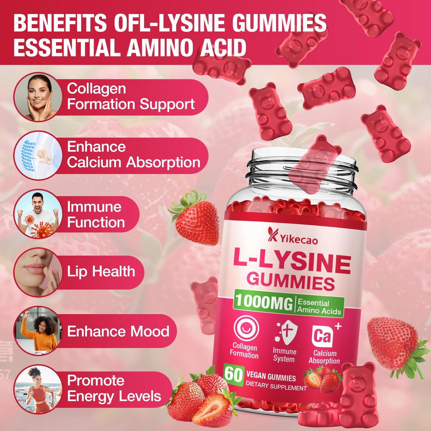 Yikecao L-Lysine 1000mg Gummies, 60 Count