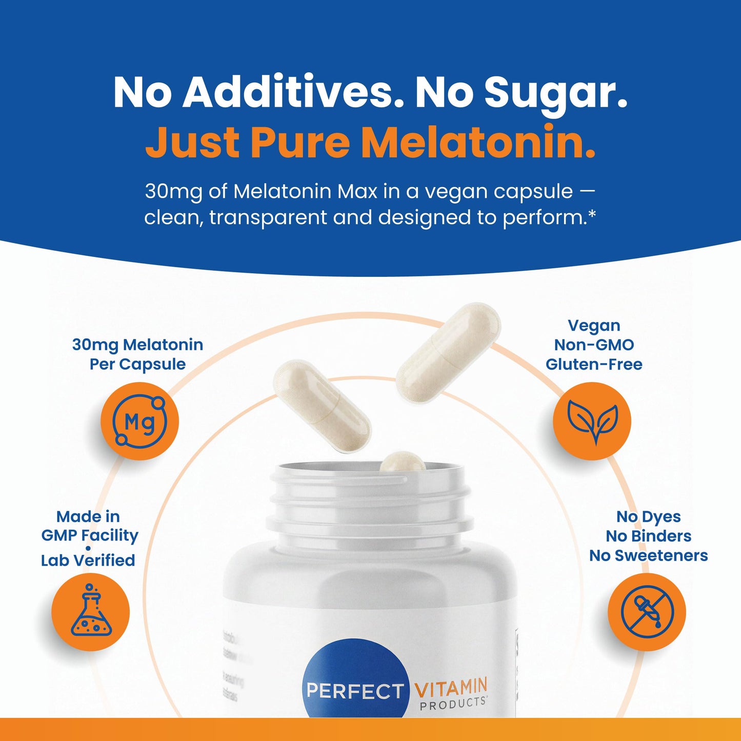 Perfect Vitamin Products Melatonin 30 mg High-Dose Capsule, 180 Servings