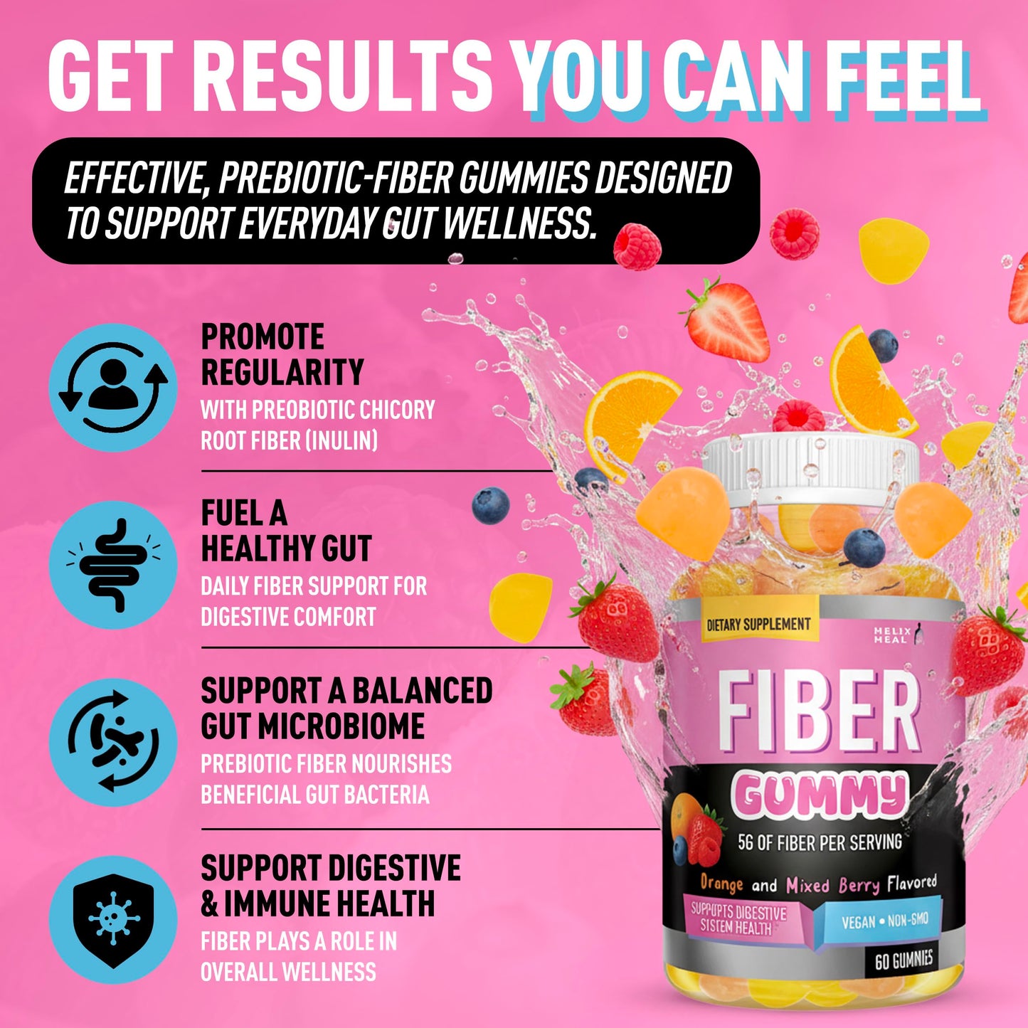 Helix Heal High Fiber Gummies for Adults – 5g Prebiotic Fiber Supplement with Chicory Root Inulin for Digestive Health, Constipation Relief & Regularity Support – Orange & Berry Flavor, 60 Gummies