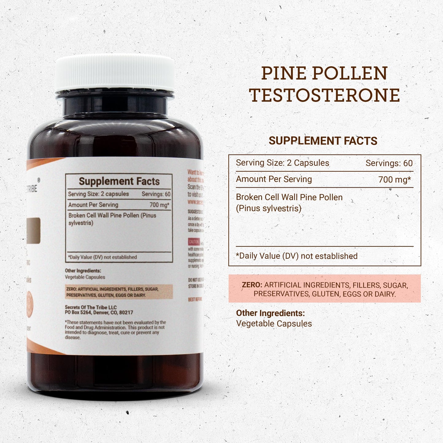Secrets of the Tribe Pine Pollen Testosterone Capsules, 120 Count
