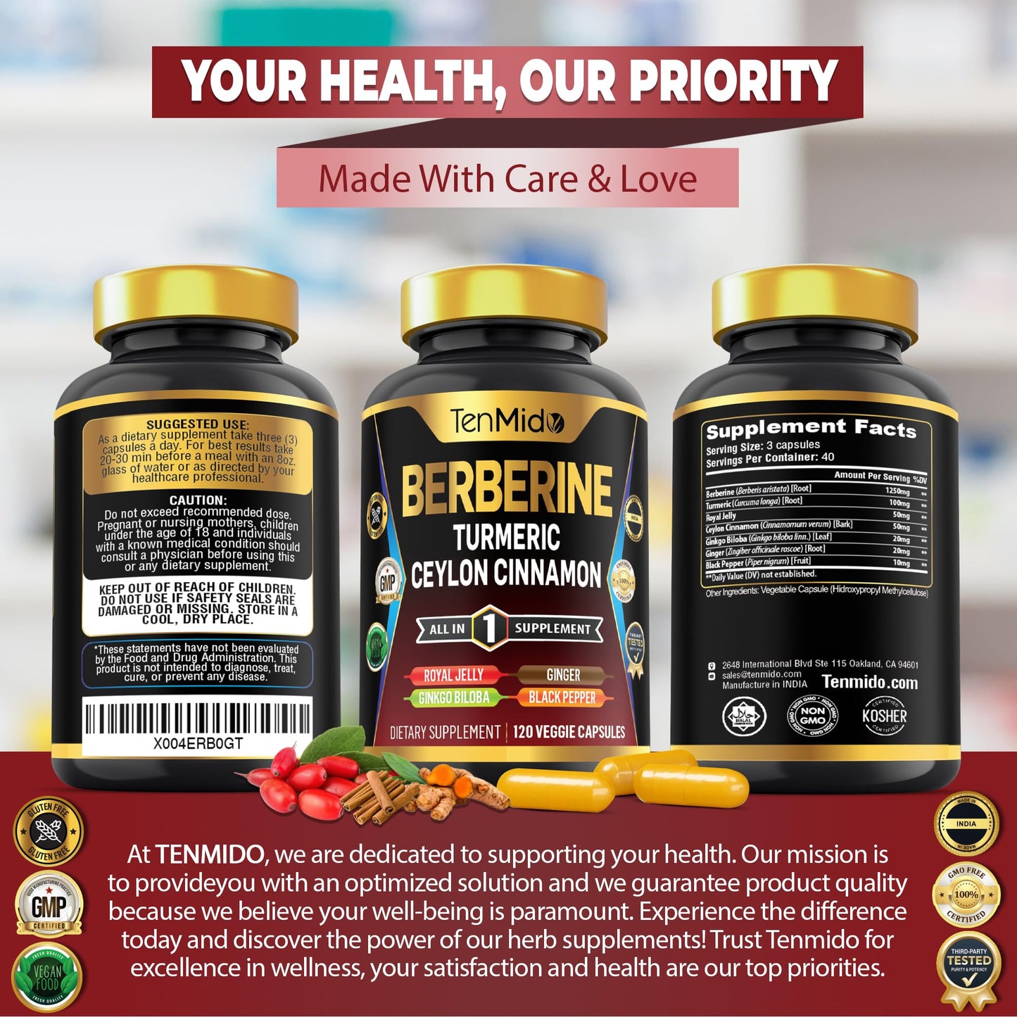 Tenmido Berberine Supplement 7in1 Formula with Turmeric, Royal Jelly, Ceylon Cinnamon, Ginkgo Biloba, Ginger & Black Pepper, Digestive Health & Immune Support, 120 Capsules