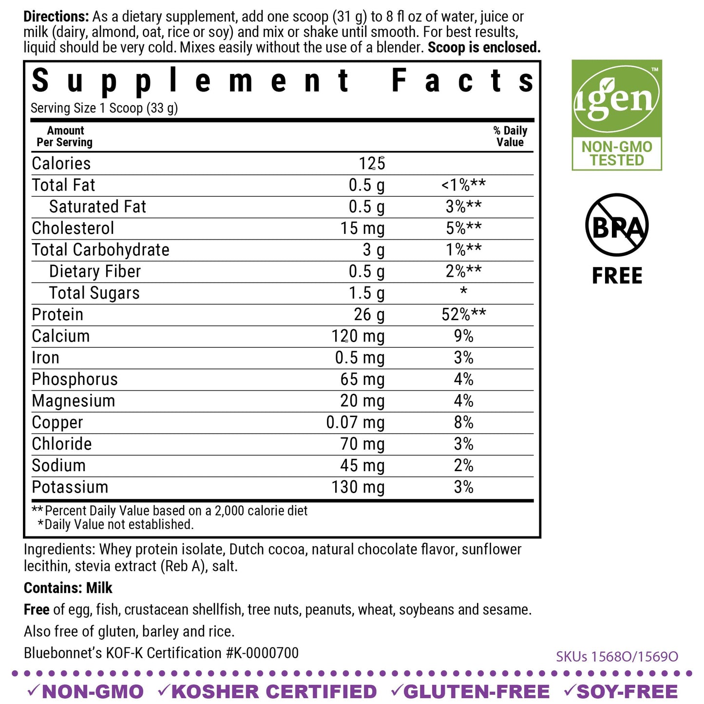 BlueBonnet Grass Fed Whey Protein Isolate 26 g Energy & Workout Recovery BCAA Amino Acids Protein Powder Chocolate 16