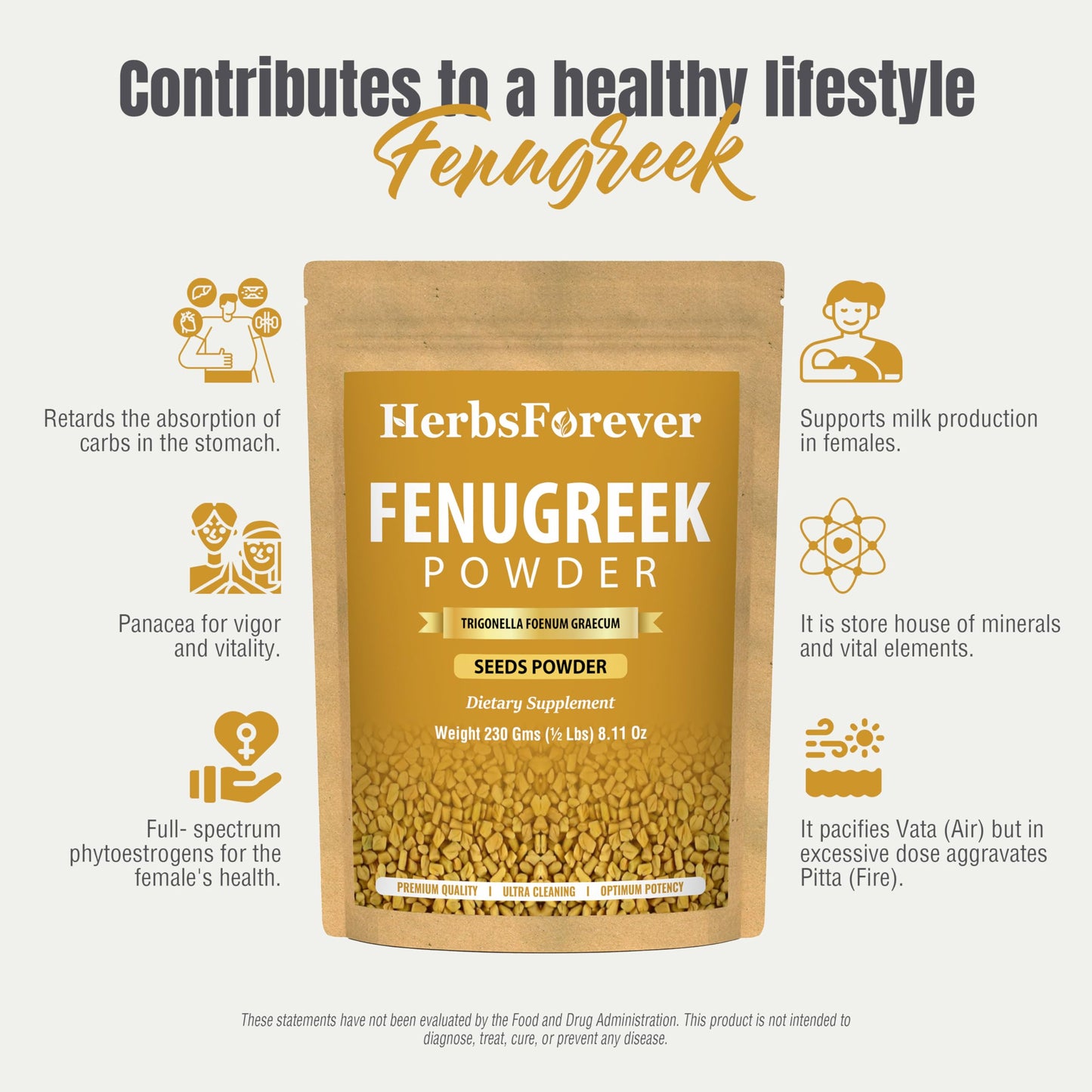 Herbsforever Fenugreek Powder (Seeds) Trigonella Foenum-Graecum, 230 g