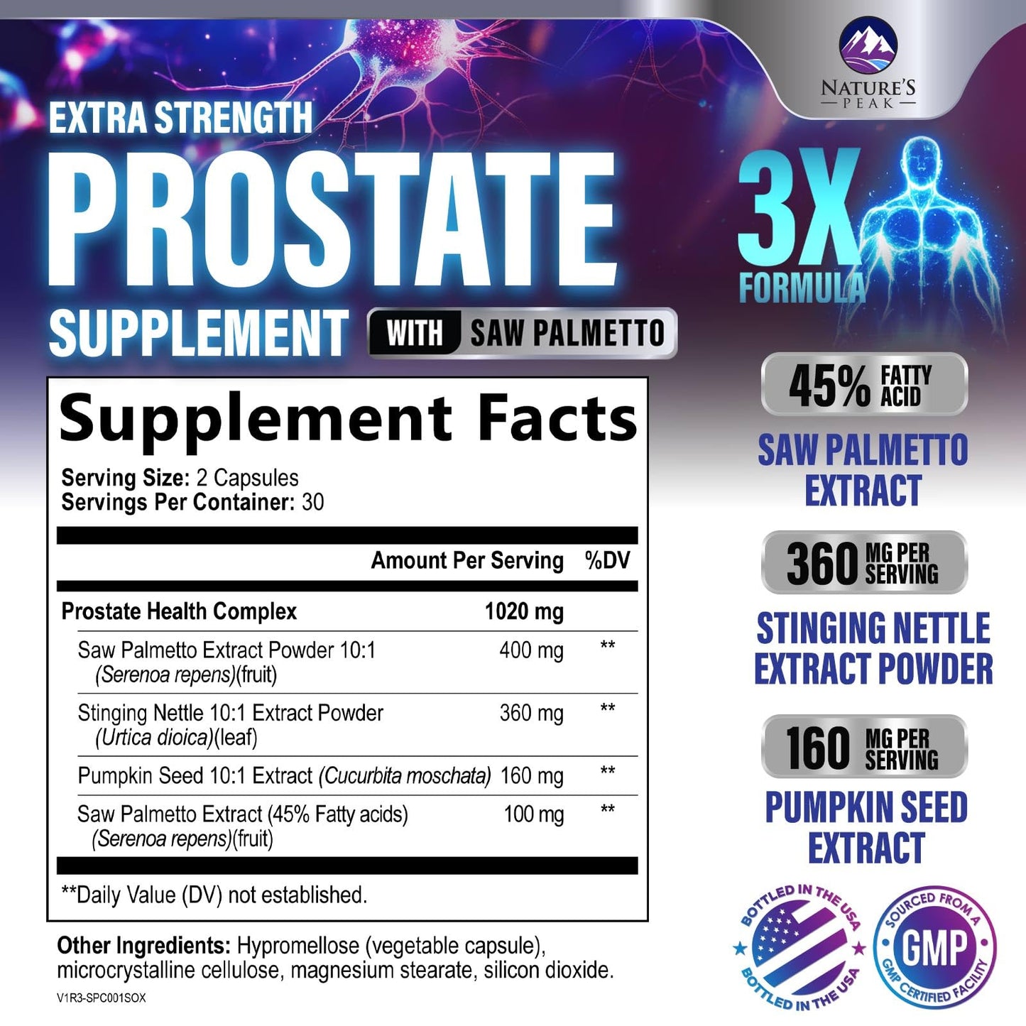 Nature's Peak Prostate Health Supplements for Men - 3X Strength Saw Palmetto Blend with Stinging Nettle Root & Pumpkin Seed - 60 Capsules