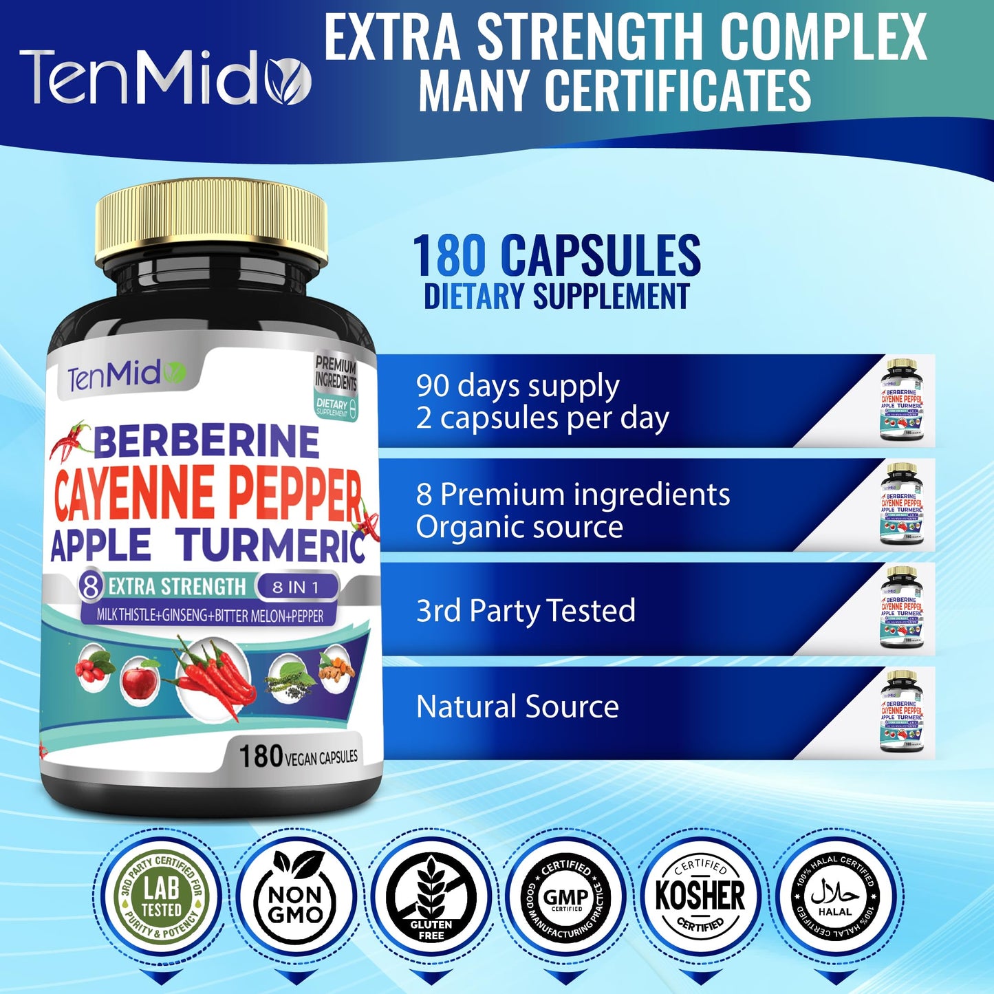 Tenmido Cayenne Pepper Supplements Extract Capsules 180 Count