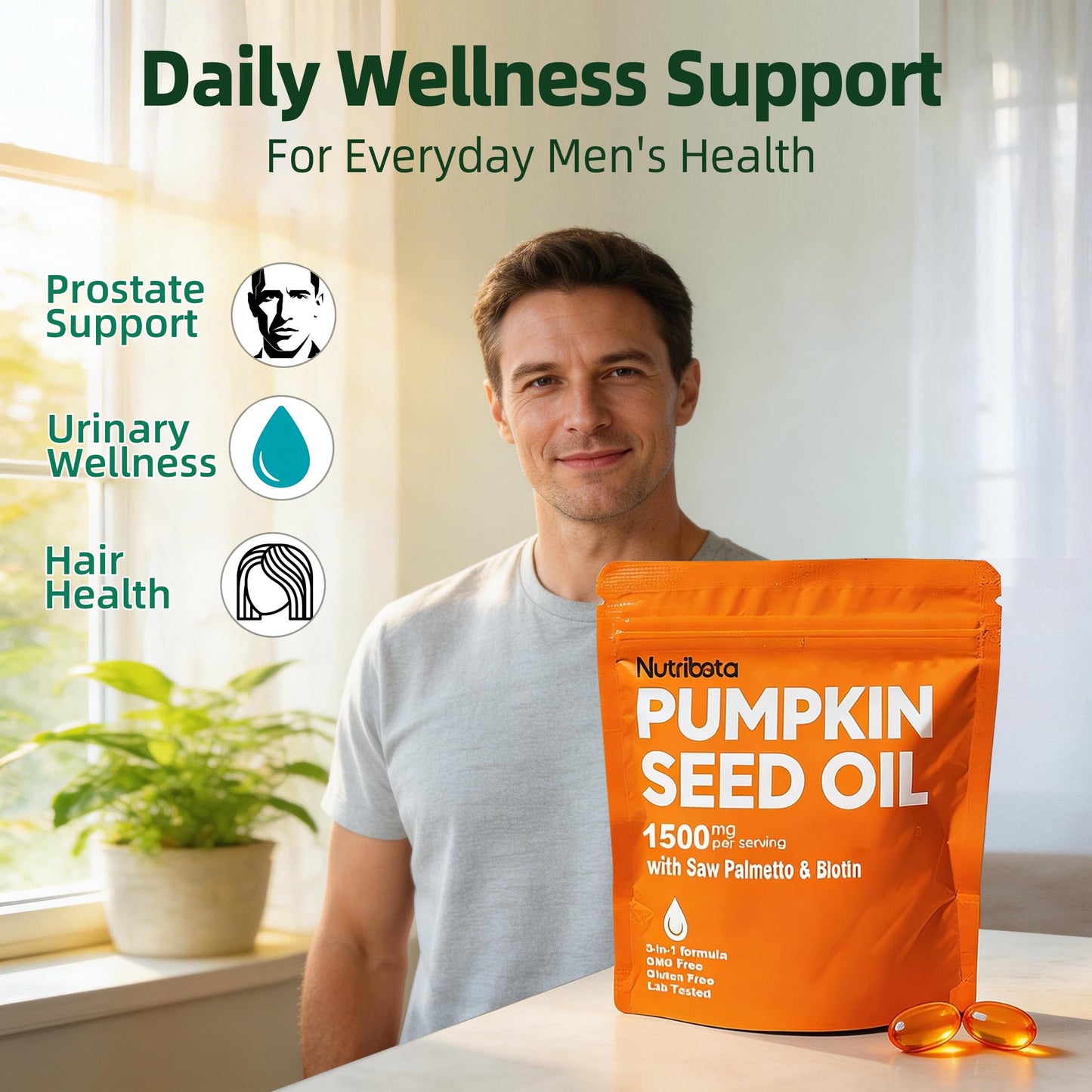 Nutribota Pumpkin Seed Oil Supplement 1500 mg per Serving with Saw Palmetto & Biotin, Advanced 3-in-1 Plant-Based Men's Wellness & Hair Nutrition Formula, Gummy 180 Count