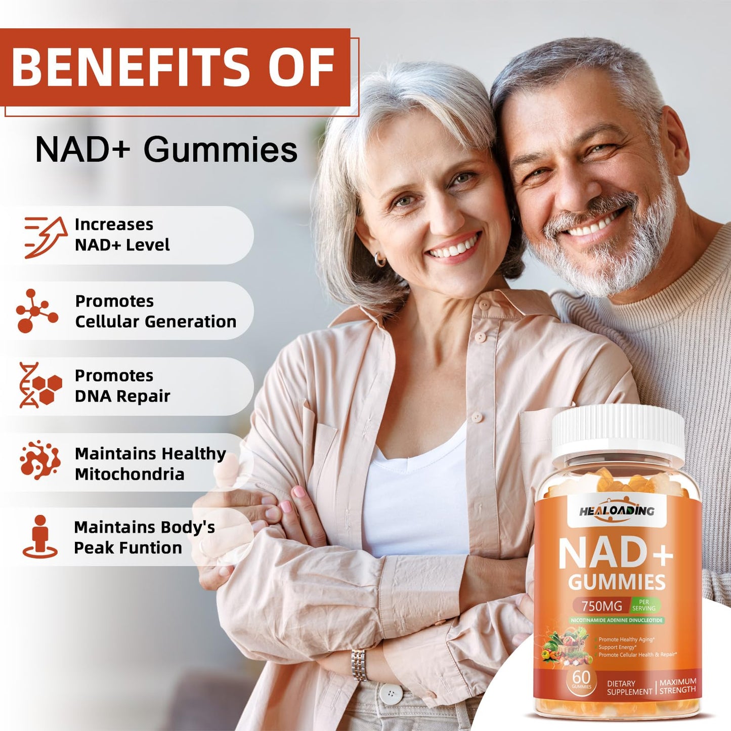 HEALOADING NAD+ Gummies NAD Resveratrol Supplement, 60 Gummies