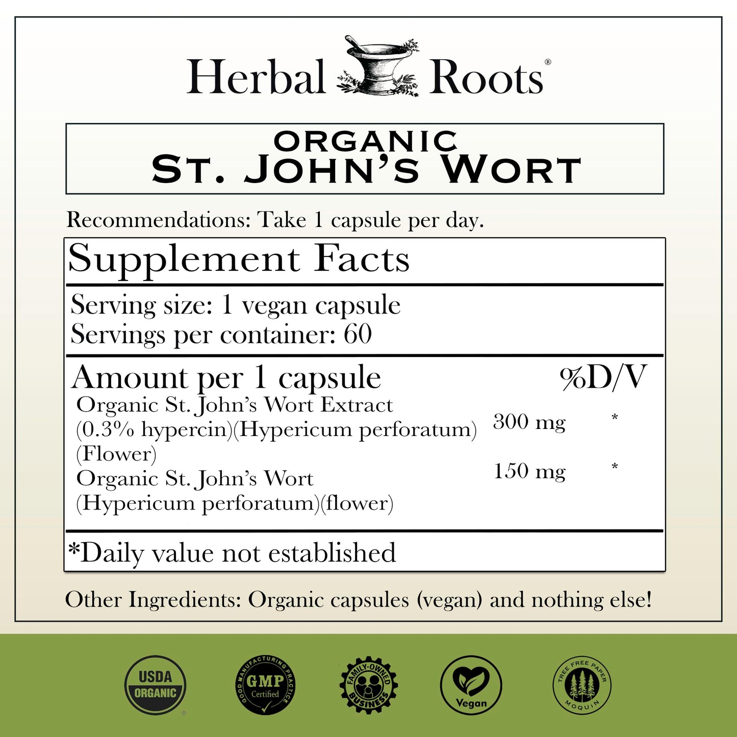 Herbal Roots Organic St Johns Wort Capsules 450 mg per Serving, 60 Count
