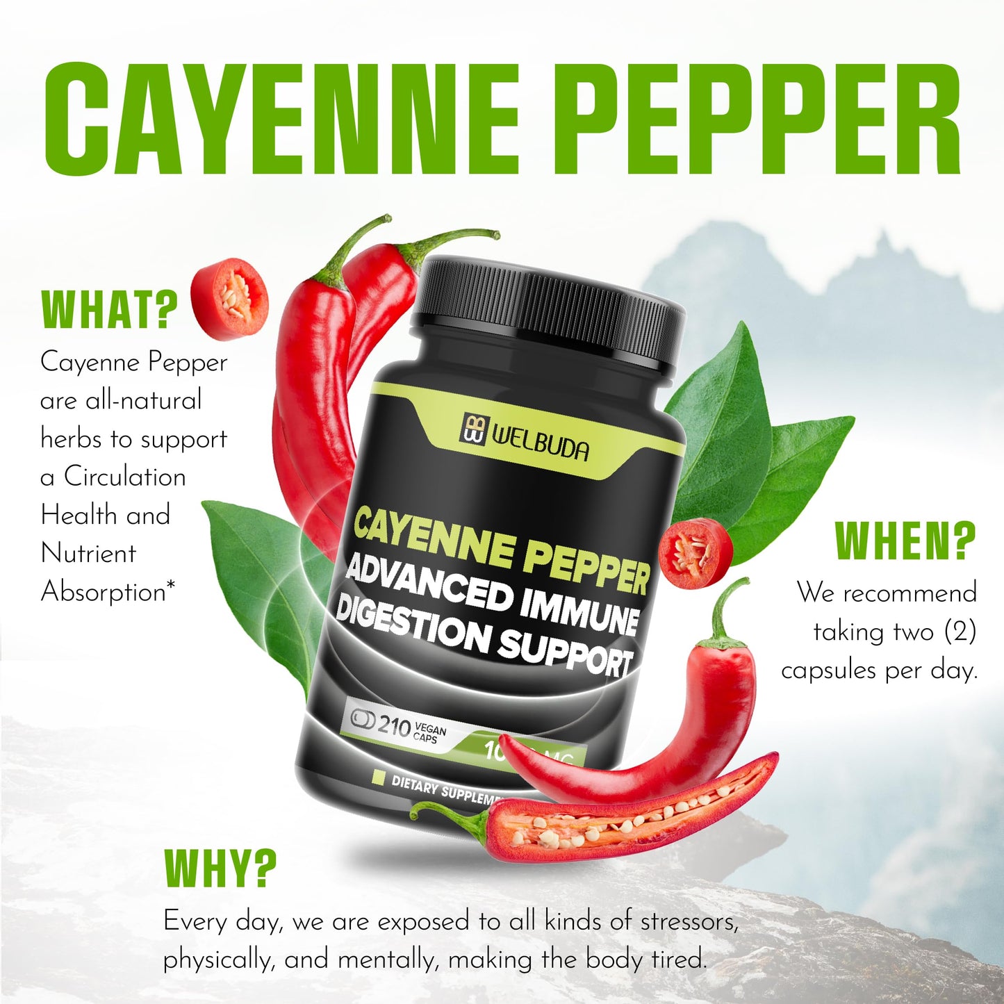 WELBUDA Cayenne Pepper Extract 10:1 Capsule with Berberine HCI, Garlic, Olive Leaf & More, 210 Count