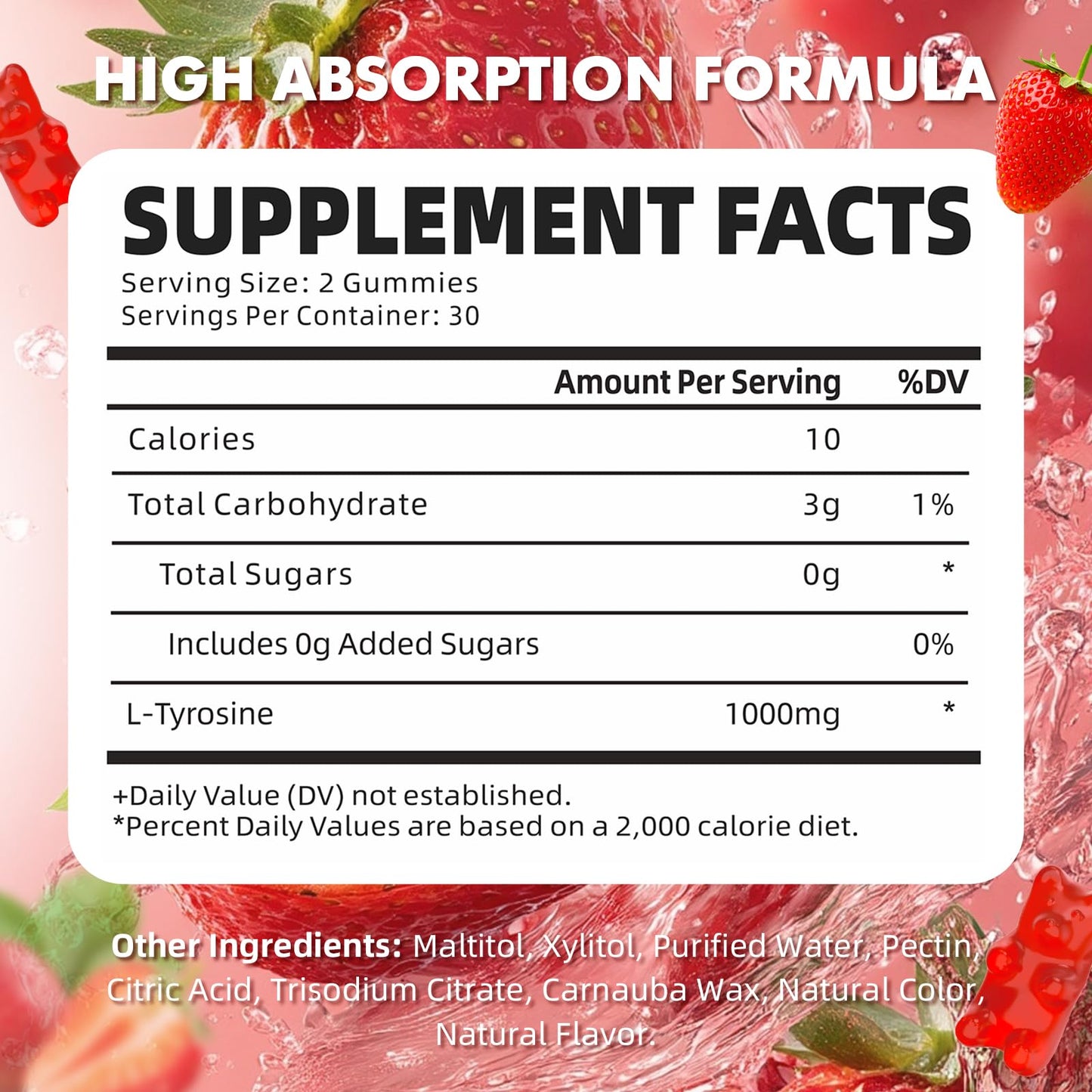 GrnLife Tyrosine Gummies 1000mg, Sugar-Free L-Tyrosine Supplement, Strawberry Flavor, 120 Count