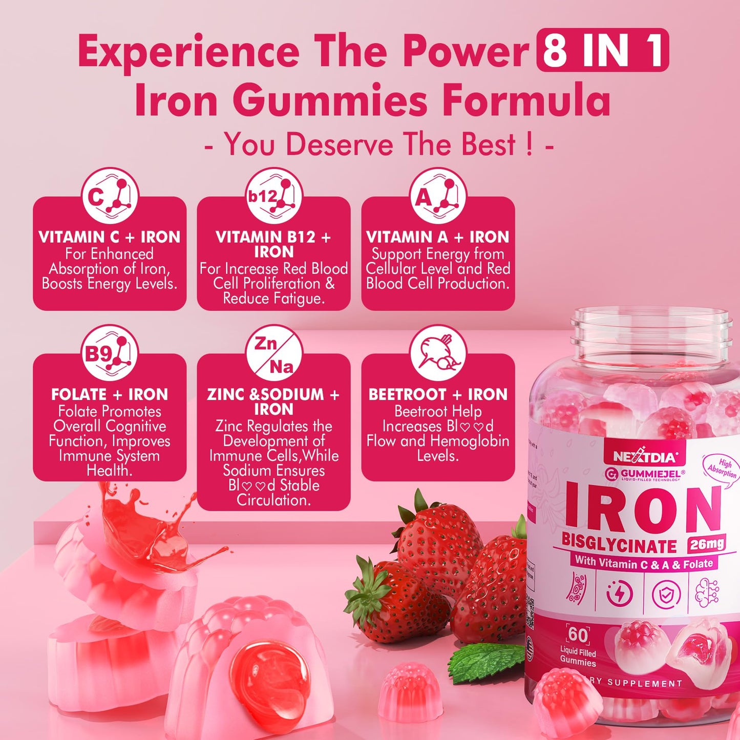 Nextdia Iron Bisglycinate Gummies 26mg with Vitamin C, Folate, B12 & Zinc, GLP-1 Friendly, High Absorption Iron Supplement for Iron Deficiency, Immune & Energy, Sugar-Free, 60 Gummies