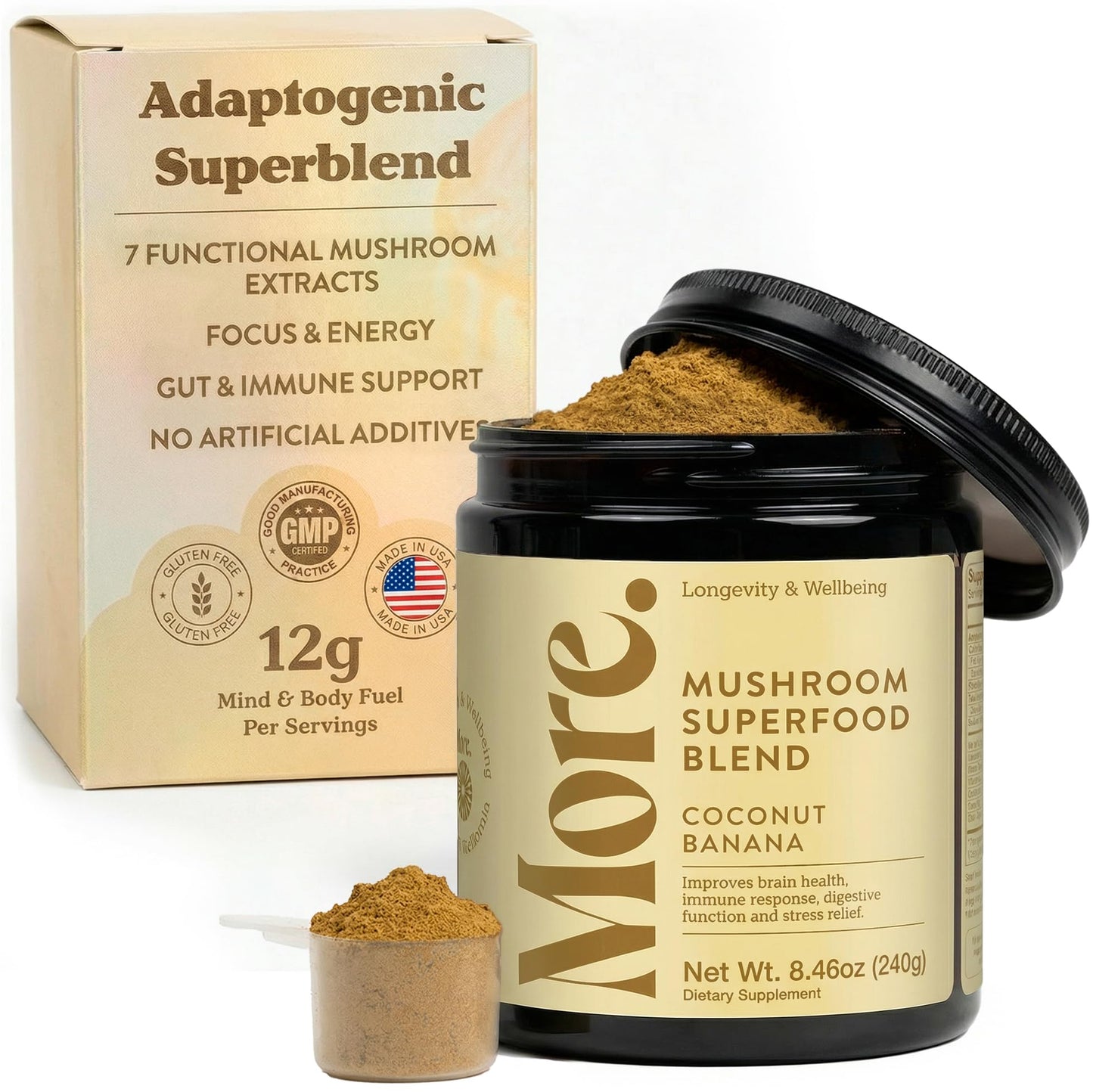 More. Longevity & Wellbeing Premium Mushroom Supplement Powder Coconut Banana with Natural Caffeine – 7 Functional Mushrooms Extracts (Lion’s Mane, Reishi, Chaga & Ashwagandha) for Energy & Focus, 8.46 Ounce