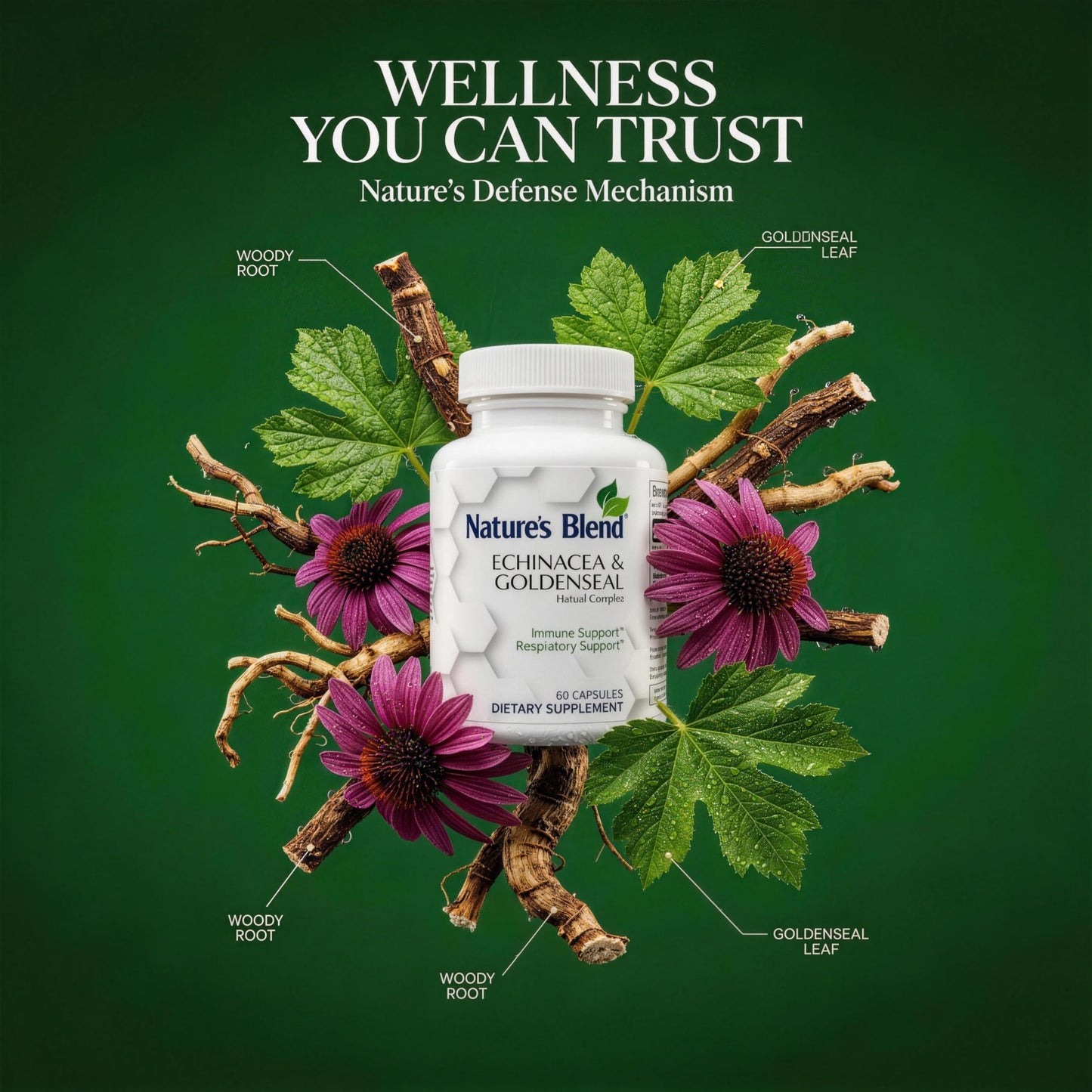 Nature's Blend Echinacea & Goldenseal Herbal Complex, Immune Support Supplement, Whole Herb & Extract Blend 60 Capsules