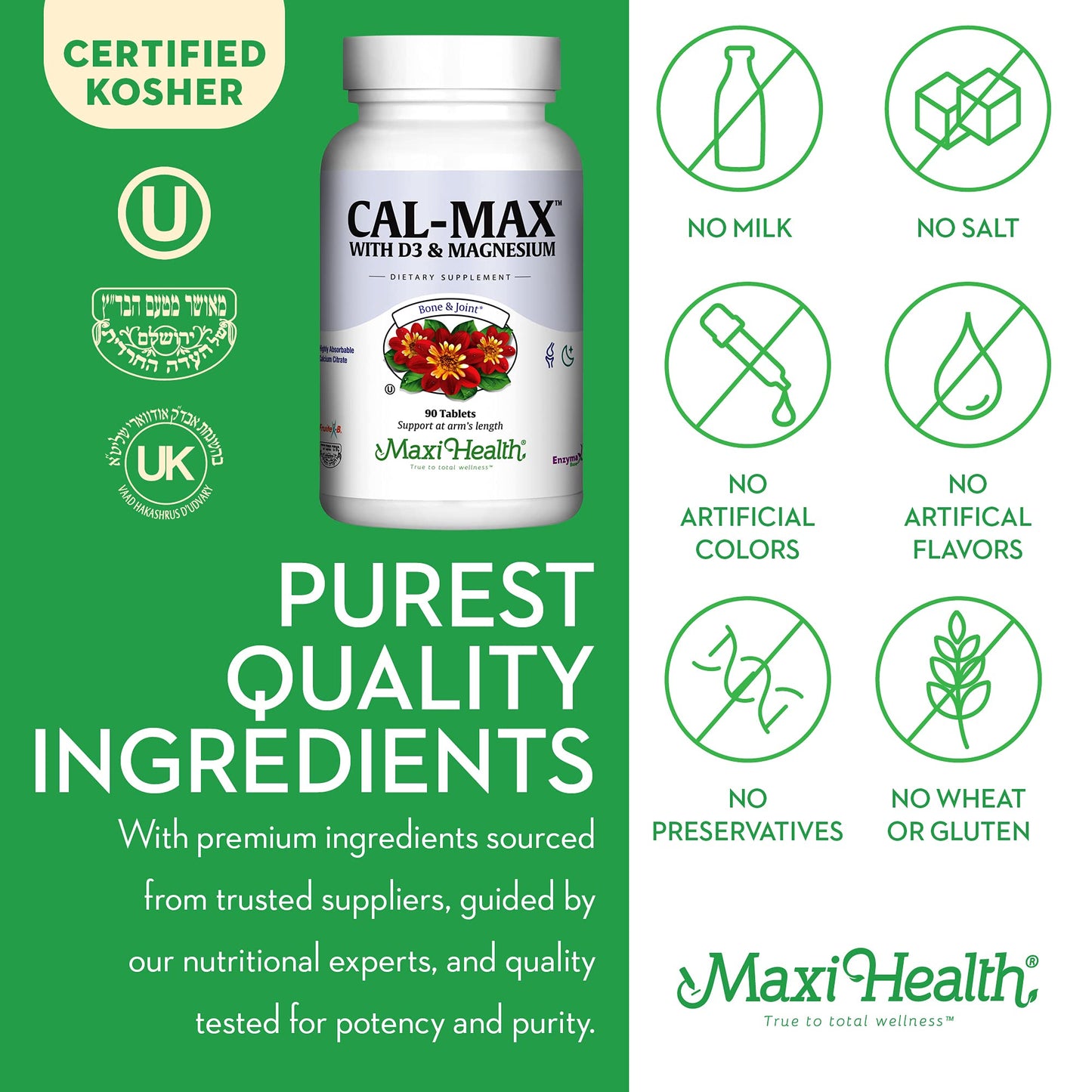 Maxi Health Calcium 1000 mg with Vitamin D3 (400 IU) and Magnesium (750 mg) Dietary Supplement for Bone, Teeth, Joint Support Tablet, 90 Tablets
