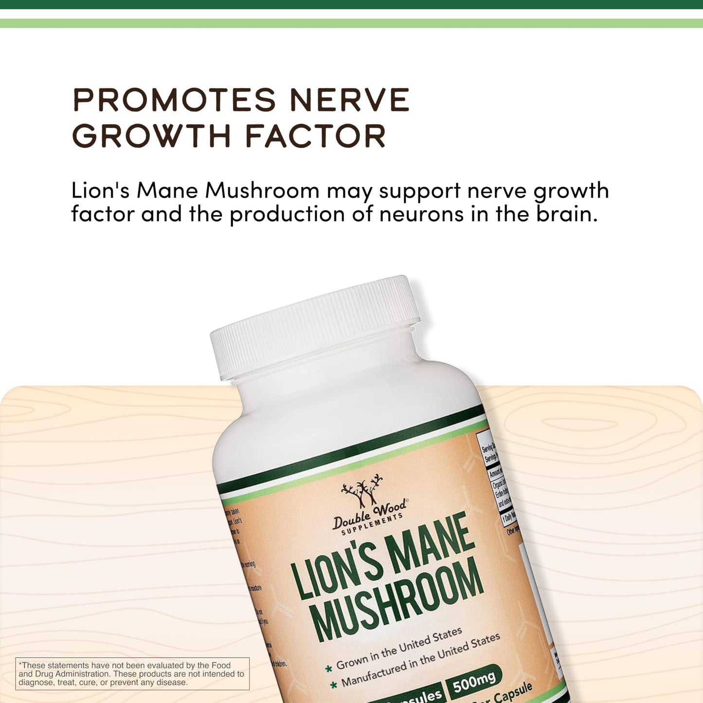 Double Wood Supplements Organic Lion's Mane Mushroom 1000mg Capsule, 120 Capsules