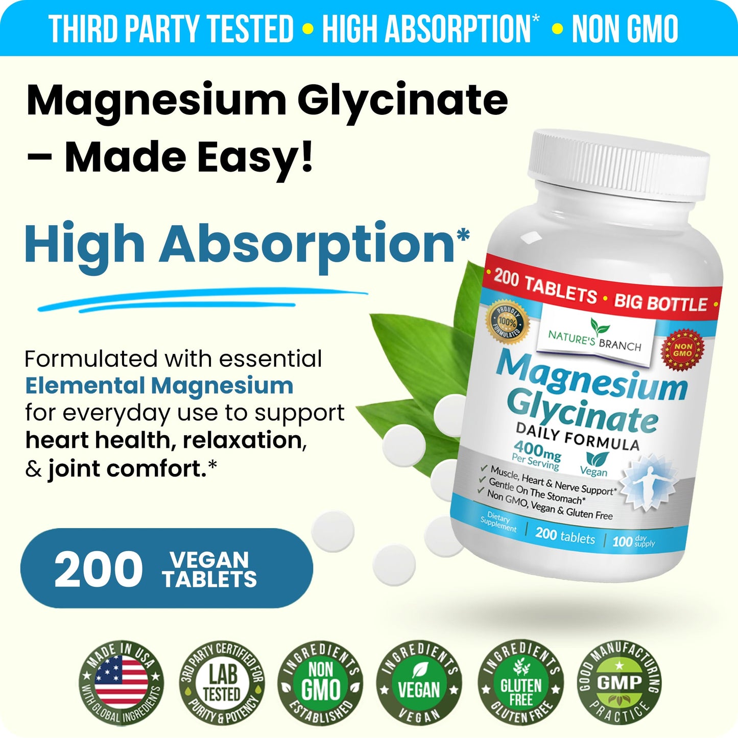 NATURE'S BRANCH Magnesium Glycinate 400mg Tablets 200 Count