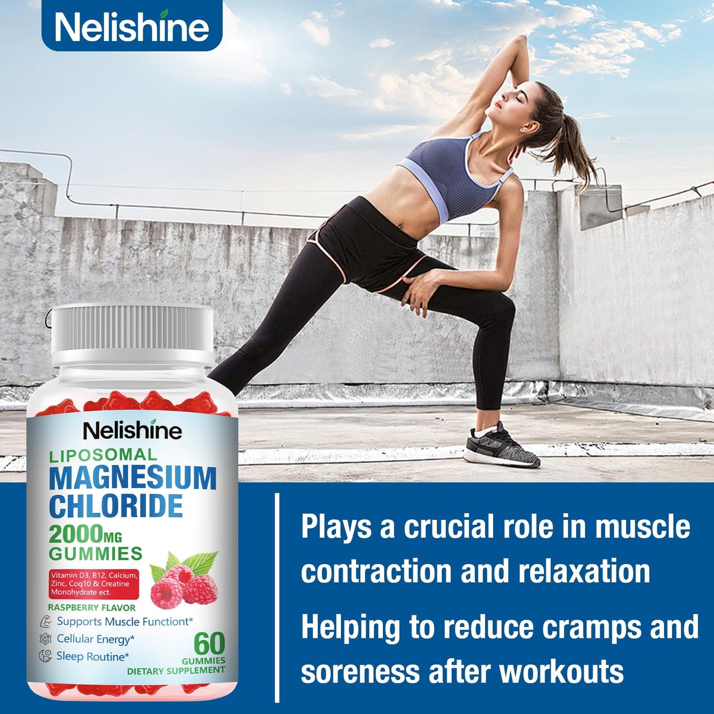 Nelishine Liposomal Magnesium Chioride Gummies 2000mg with Calcium, Vitamin D3, B12, Zinc, L-Theanine, CoQ10, Proprietary Blend for Stress Relief, Heart & Muscle, Immune, Energy & Relaxation Support, 120 Gummies