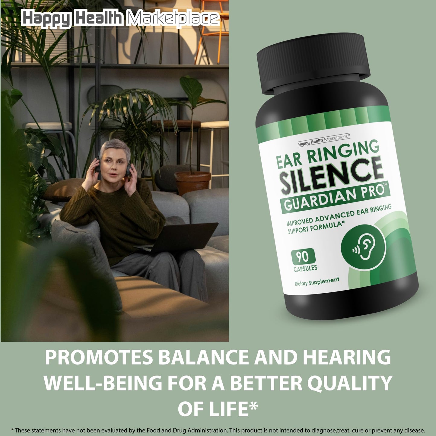 Happy Health Marketplace Ear Ringing Silence Guardian Pro Improved Advanced Ear Ringing Support Formula Tinnitus Relief Hearing Loss Supplement 90 Capsules