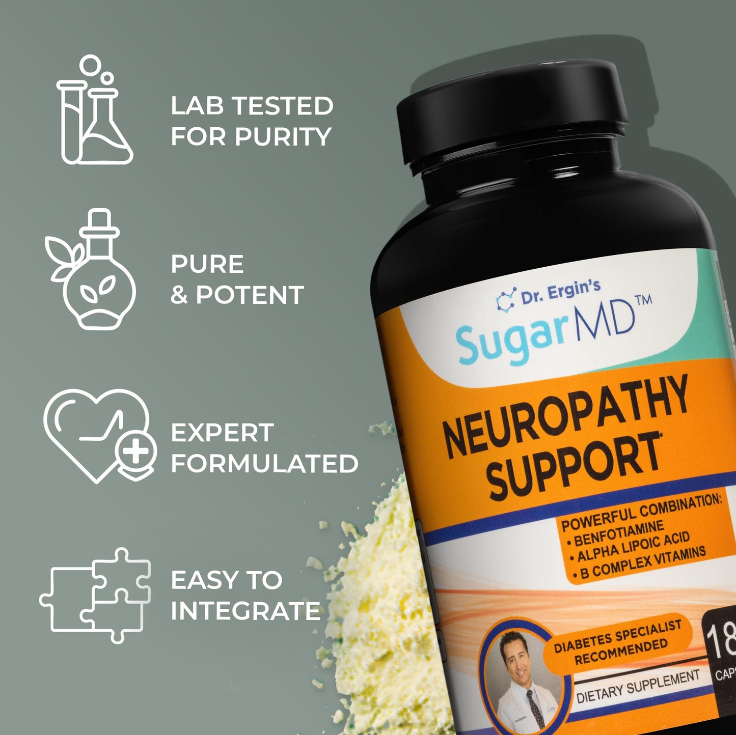 SugarMD Neuropathy Support Supplement Capsule 180 Capsules with Alpha Lipoic Acid, Benfotiamine & Vitamin D3 B6 B12